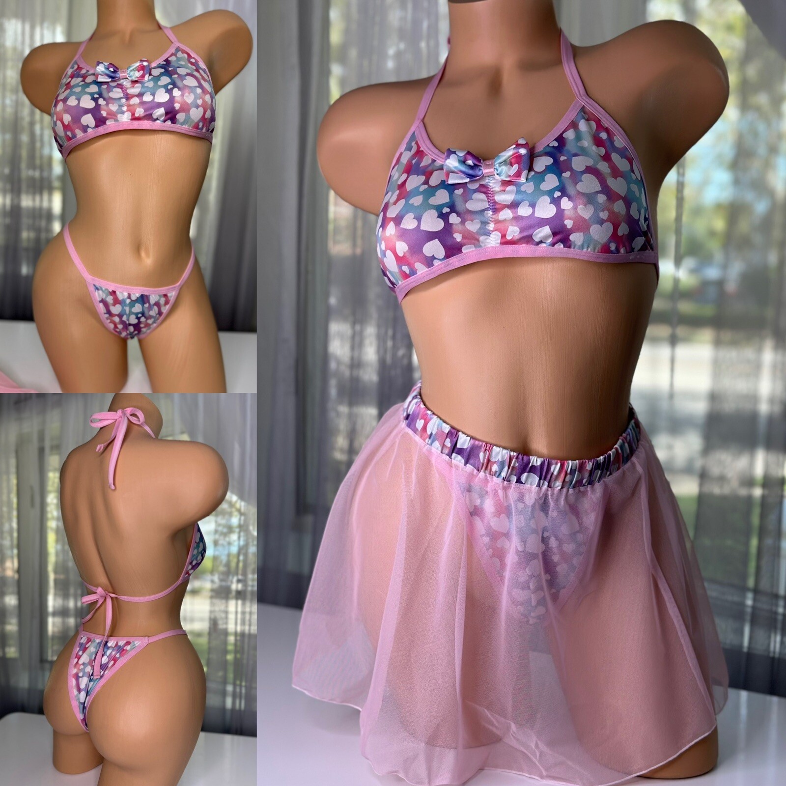 Small Vtg Lingerie Set Satin Hearts Bra Hi Cut Thong & Chiffon Skirted Panty 3pc