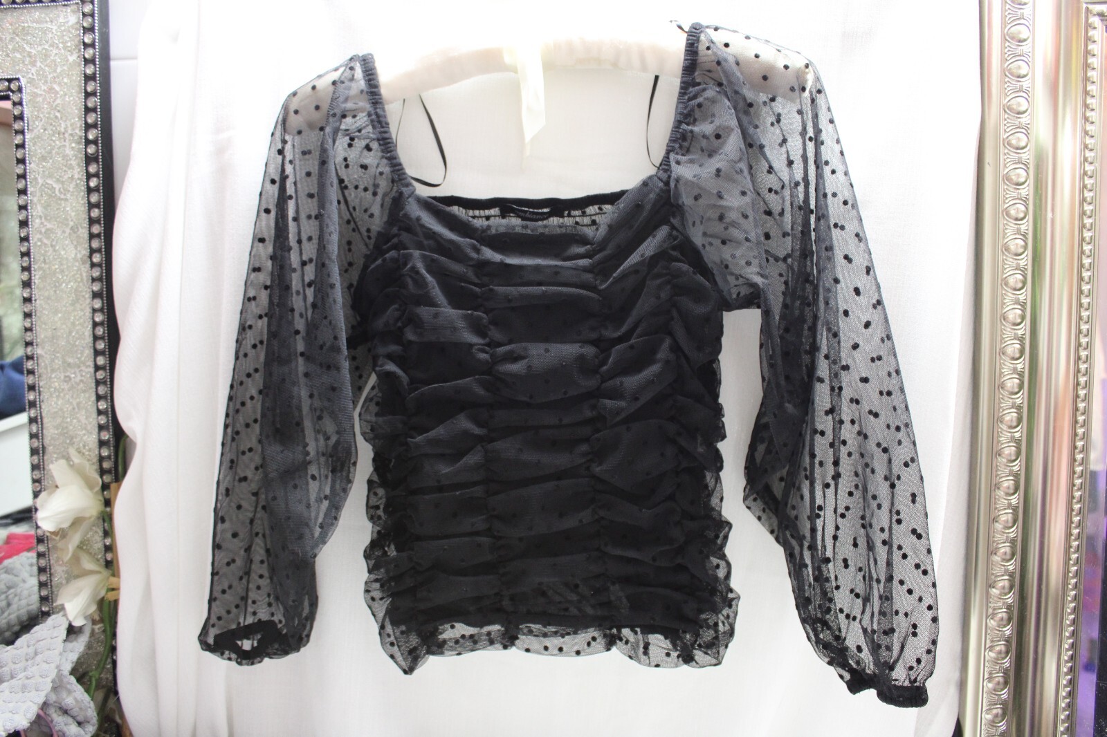 Vintage black sheer Ambiance lingerie top S, ruched dotted puff Long Sleeves