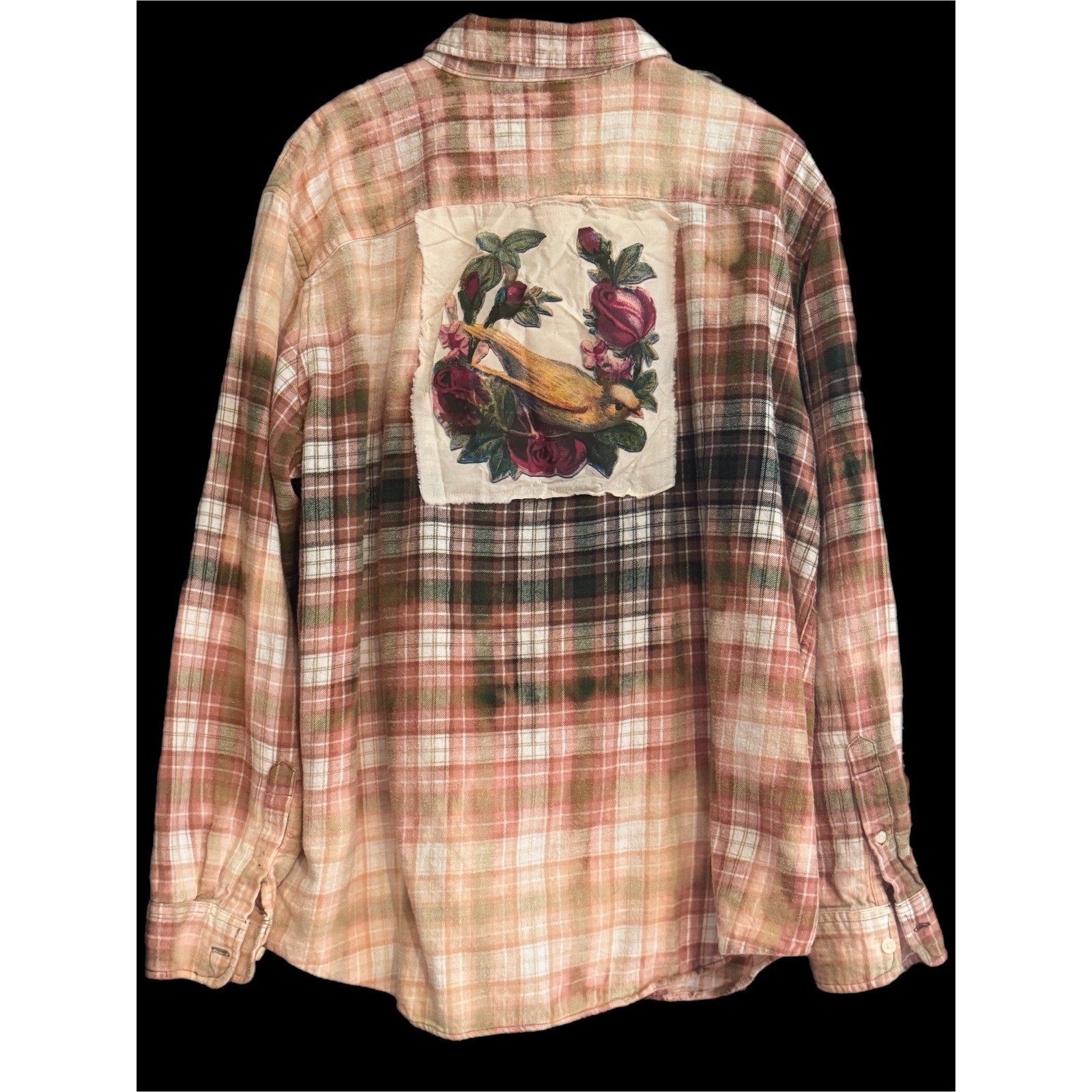 Upcycled Bird Rose Flannel Shirt XXL Cotton Folk Art Grunge