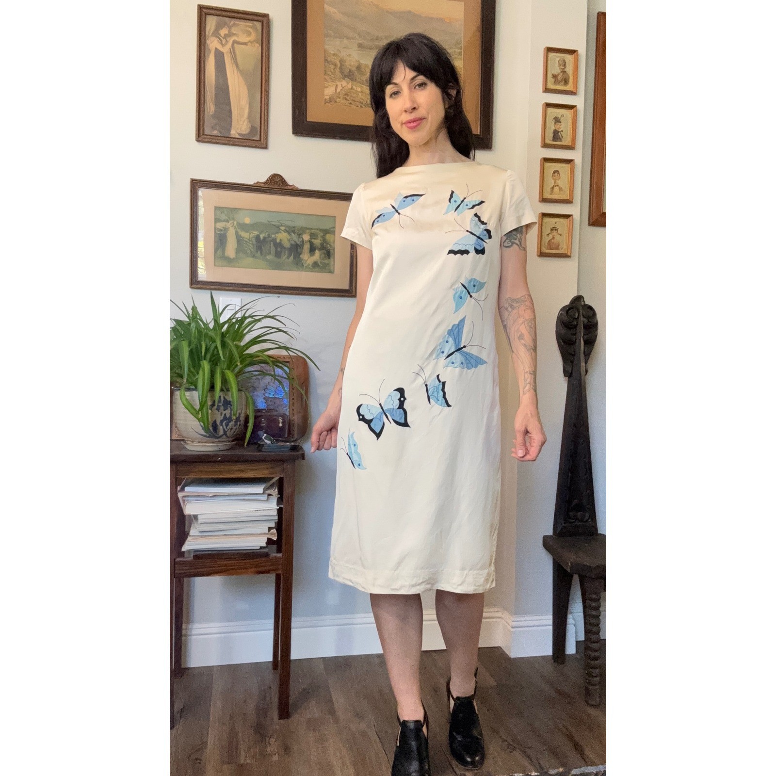 Vintage 60s Phyllis De Trano Cream Butterfly Applique embroidered shift Dress