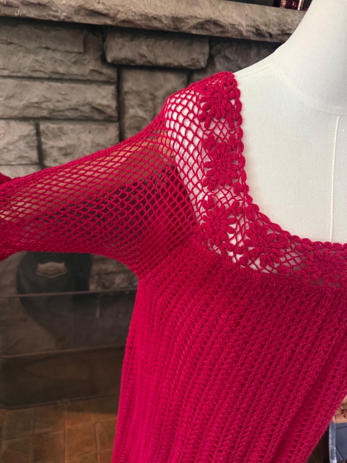 Vintage Loose Fit Red Crocheted Dress Large Bust 42 Thums Up