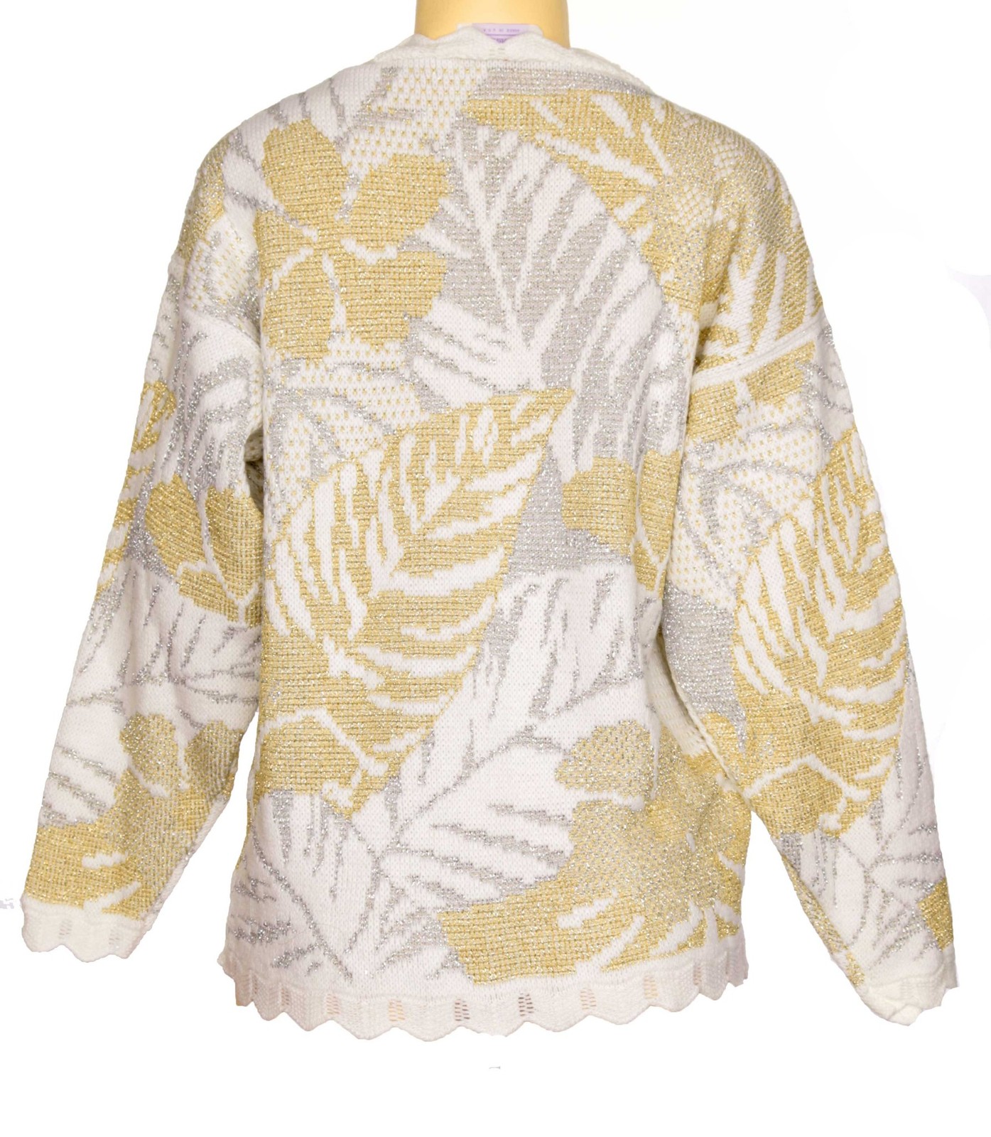 1980s Vintage Arielle White Lurex Sweater Metallic Gold Silver Leaves Disco L