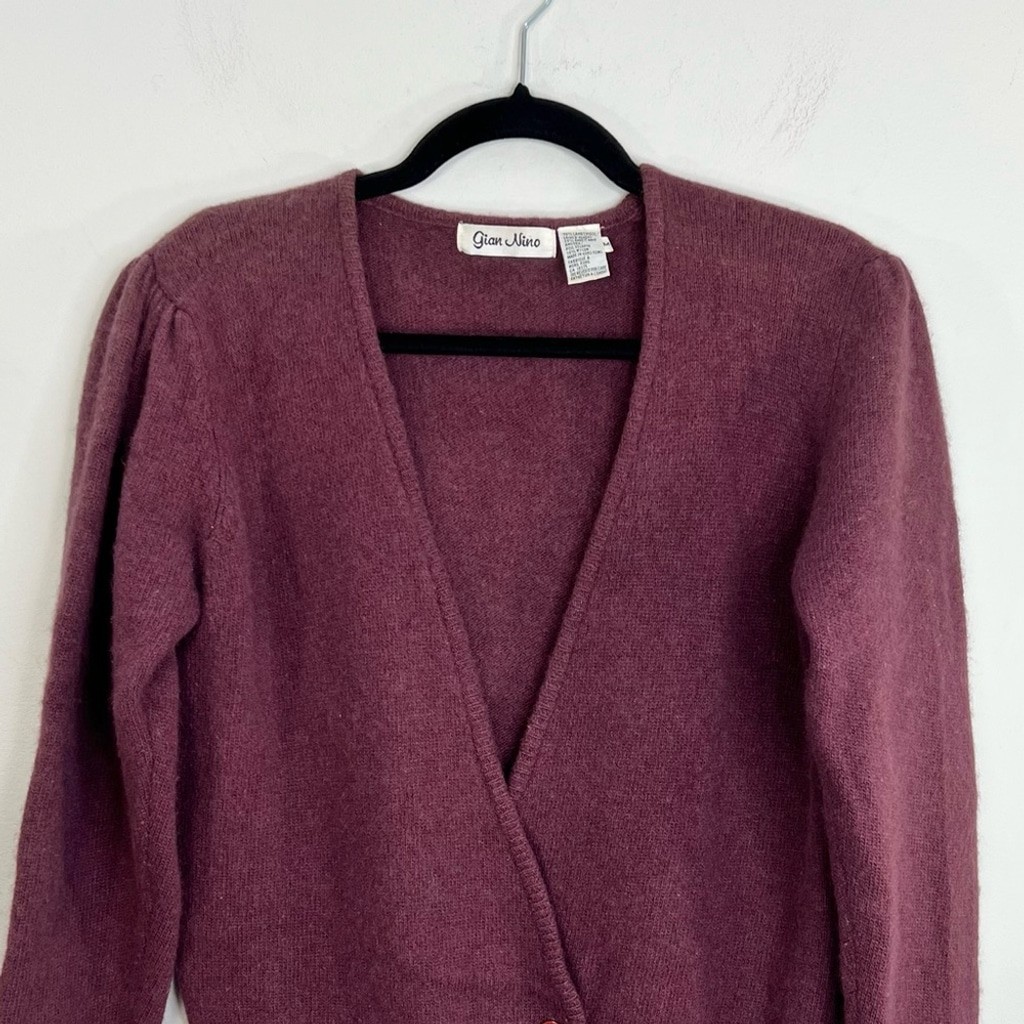 Vintage 90s wool Angora soft fuzzy plum wine puff sleeve cardigan sweater M