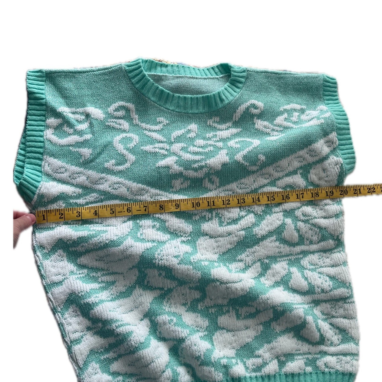 Vintage Mint Green White Floral Knit Sweater Vest Metallic Shimmer Sleeveless L