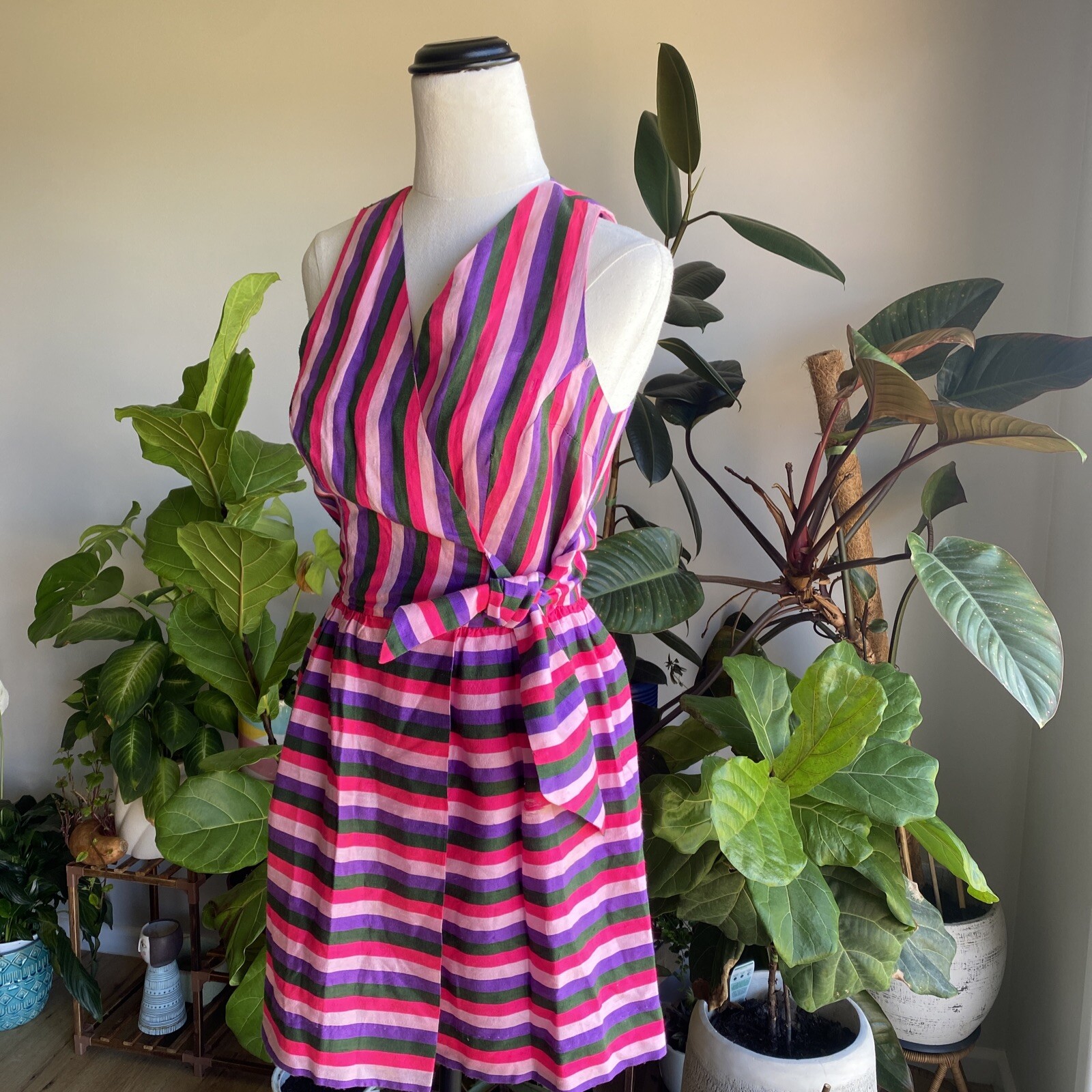 Vintage Prue Acton Dress Fits Au 8 XS/S Multicolour Stripe Silk Wrap Mini Dress