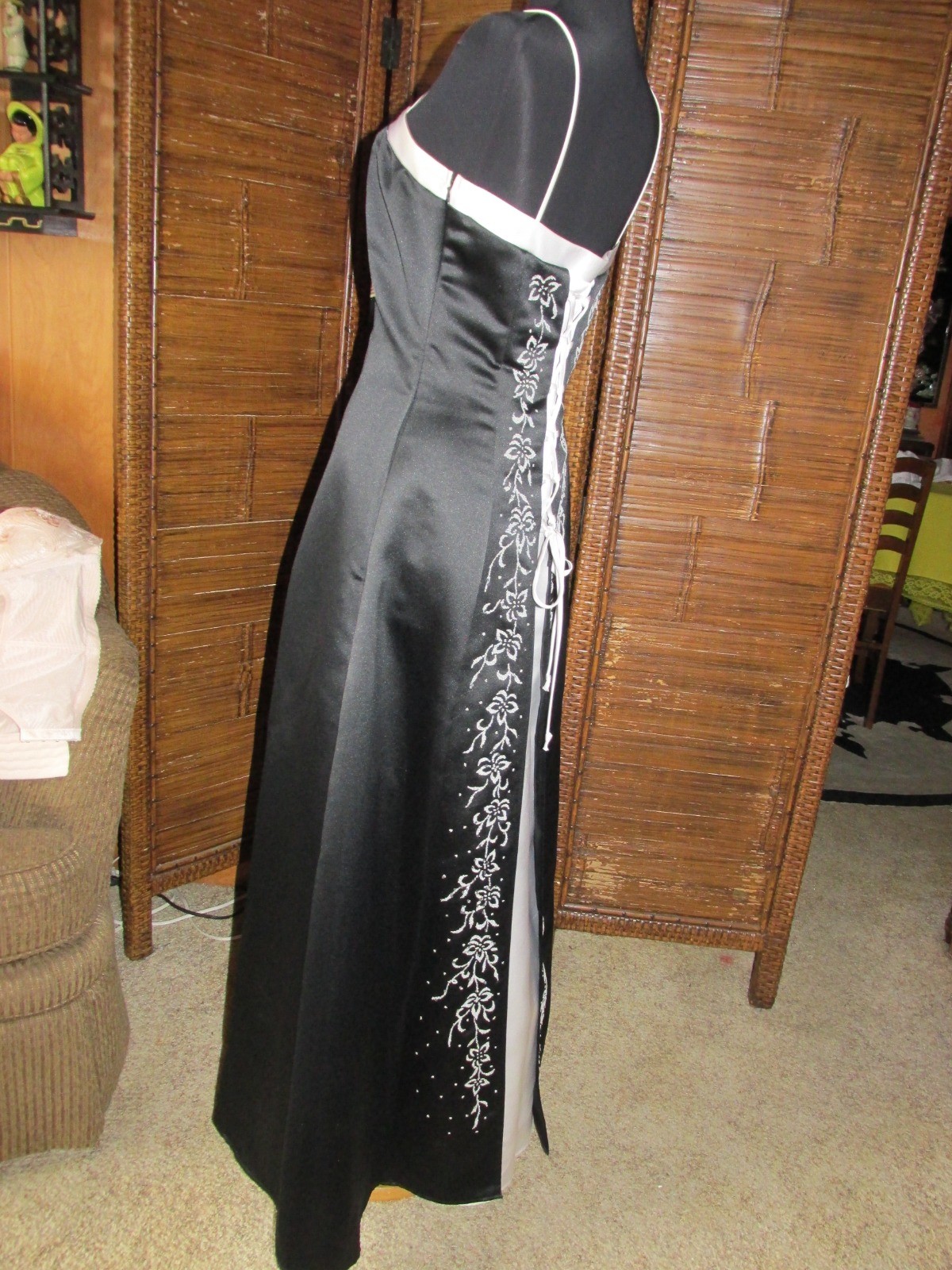 VTG Black Brushed Satin Gown White Lace-Up Back Silvery Gray Caviar Beading SZ 8