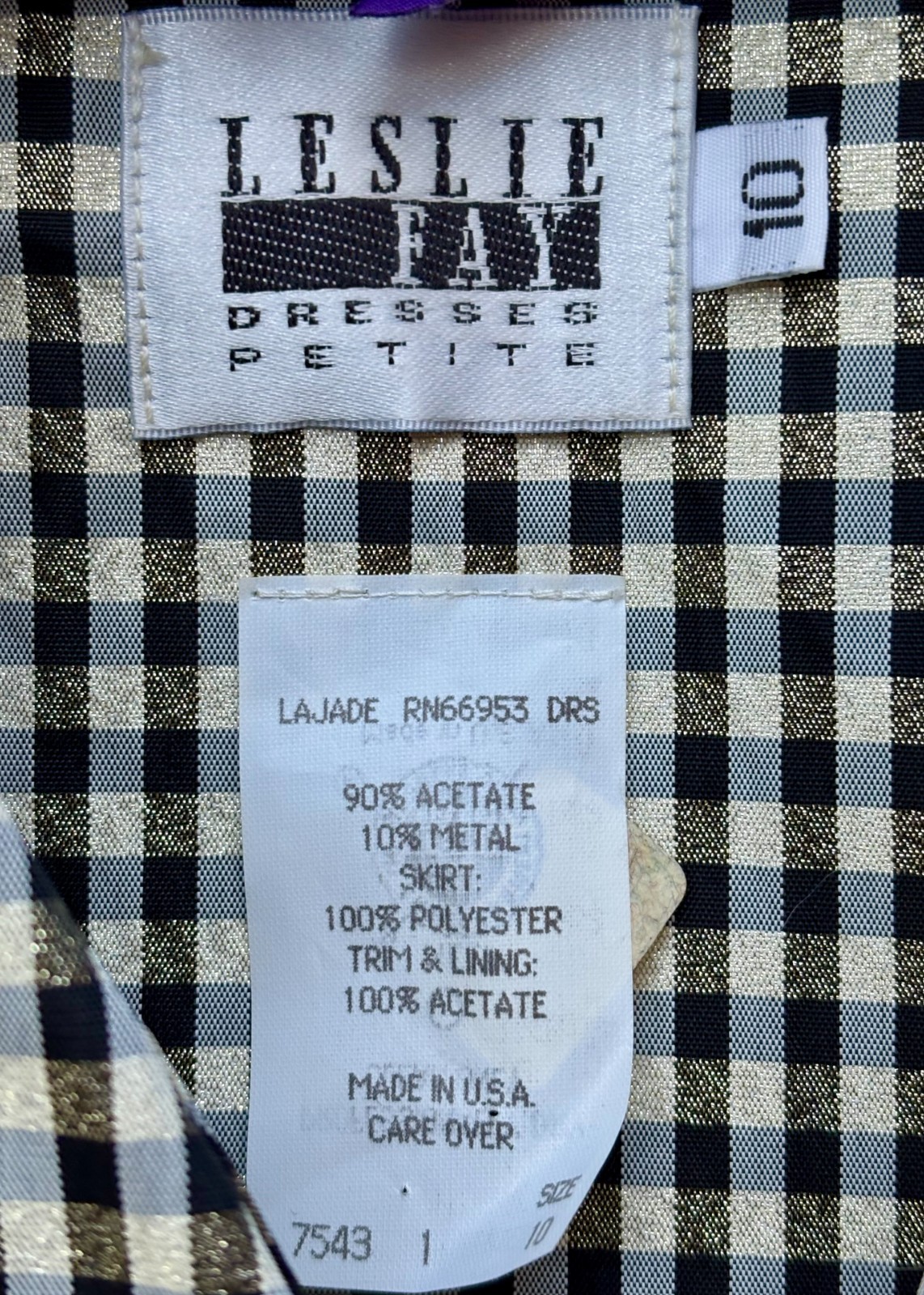 70s LESLIE FAY DRESS Petite 10 BLACK & WHITE Check TOP Notch COLLAR swirl SKIRT