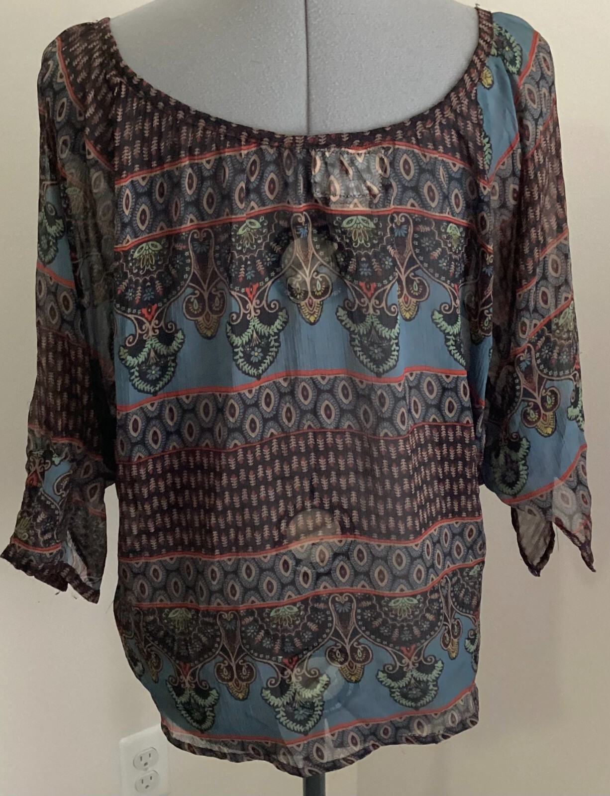 VTG Passport Pier 1 black teal pattern scoop v neck button sheer BOHO 3/4 sleeve
