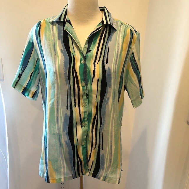 Vintage Blouse Donnkenny Classics Women’s Size S Striped Blue Yellow Green