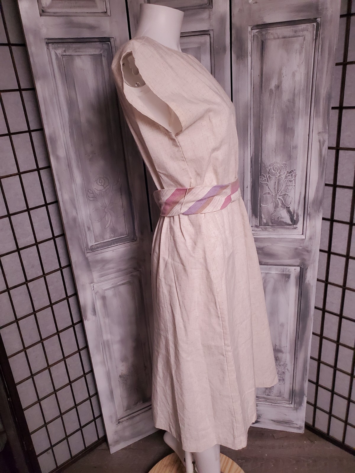 M VTG 80s Cream W/Belt Midi Sun Dress Linen OR Blend Sundress Elastic Waist
