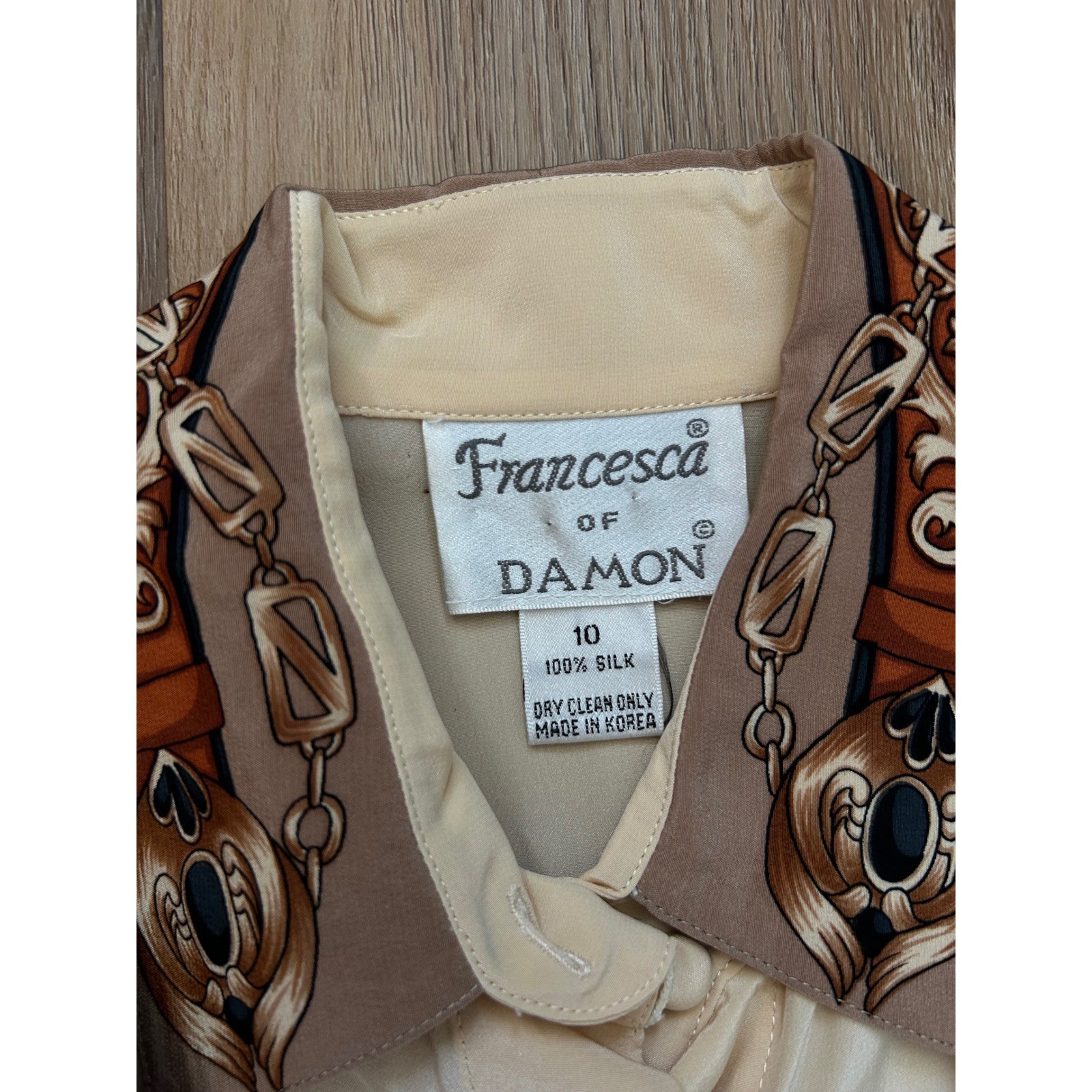Francesca of Damon Vintage 100% Silk Blouse Trompe Loeil Vest Print Cream 10