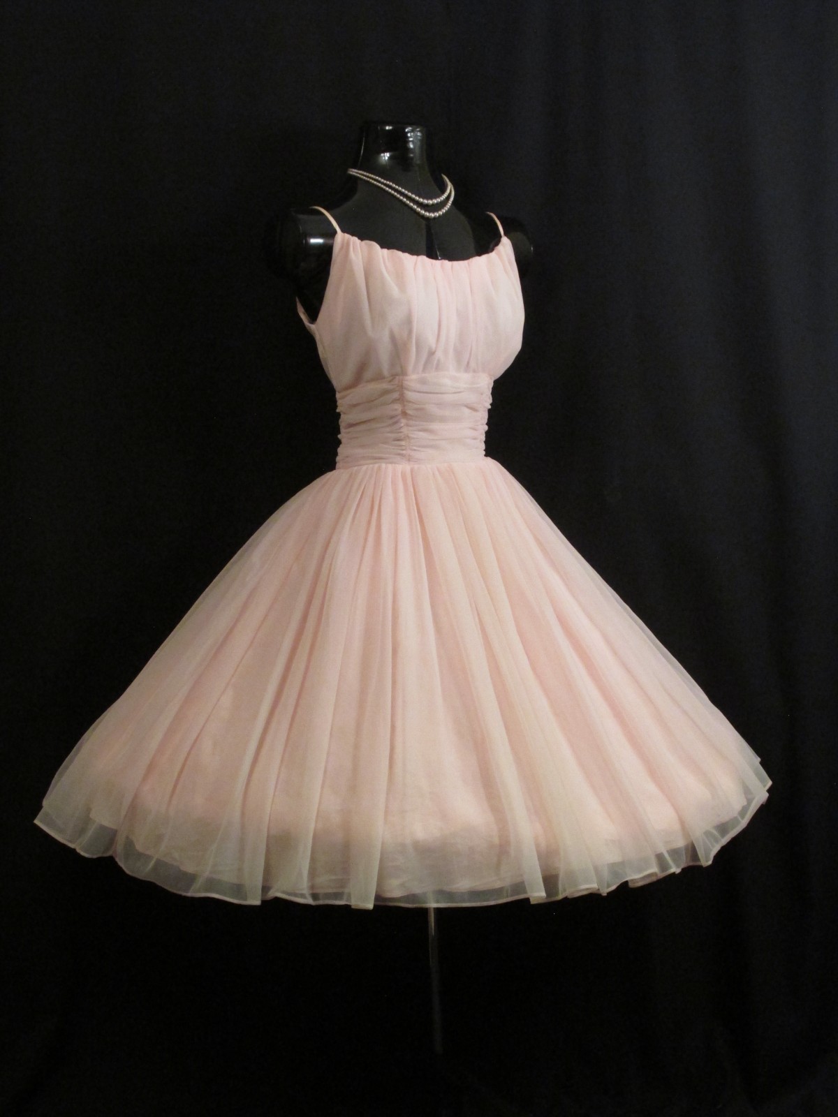 Vintage 1950’s 50s Baby PINK Ruched CHIFFON Organza Party Prom DRESS