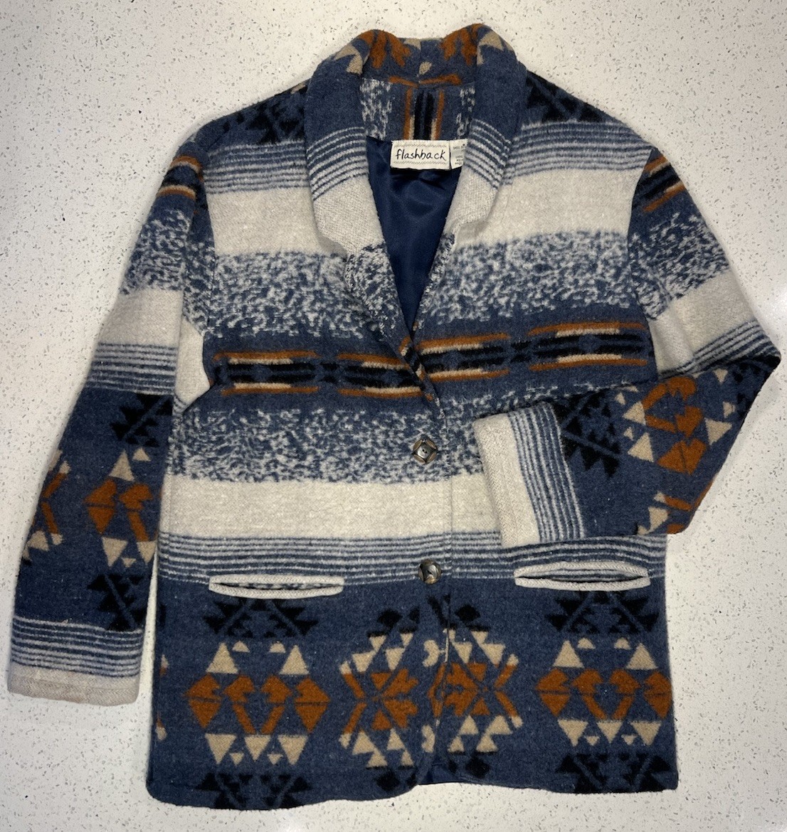 Vintage 90s Flashback Southwestern Wool Blanket Jacket Aztec Blue Tapestry Coat