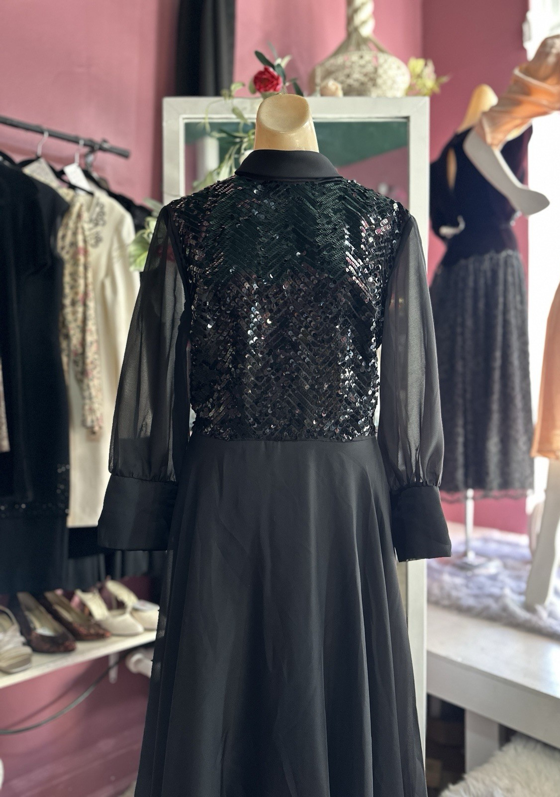 Vintage 60s 70s Formal Maxi Evening Hostess Dress Black Sequins Modest M/L