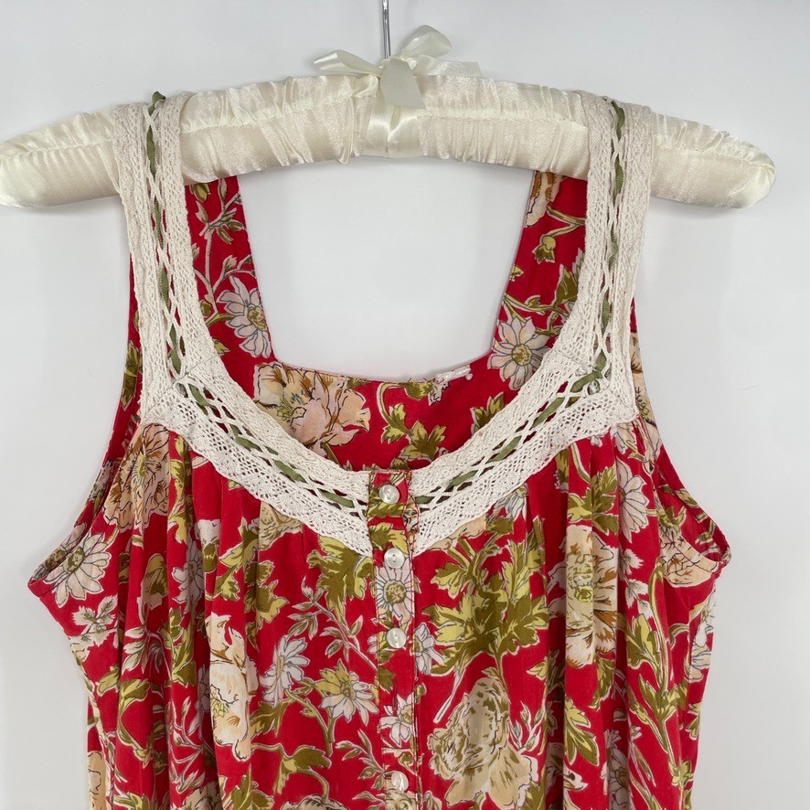 Vtg Nightgown XL Red Floral Cottage Victorian Edwardian Coquette Grandma Crochet