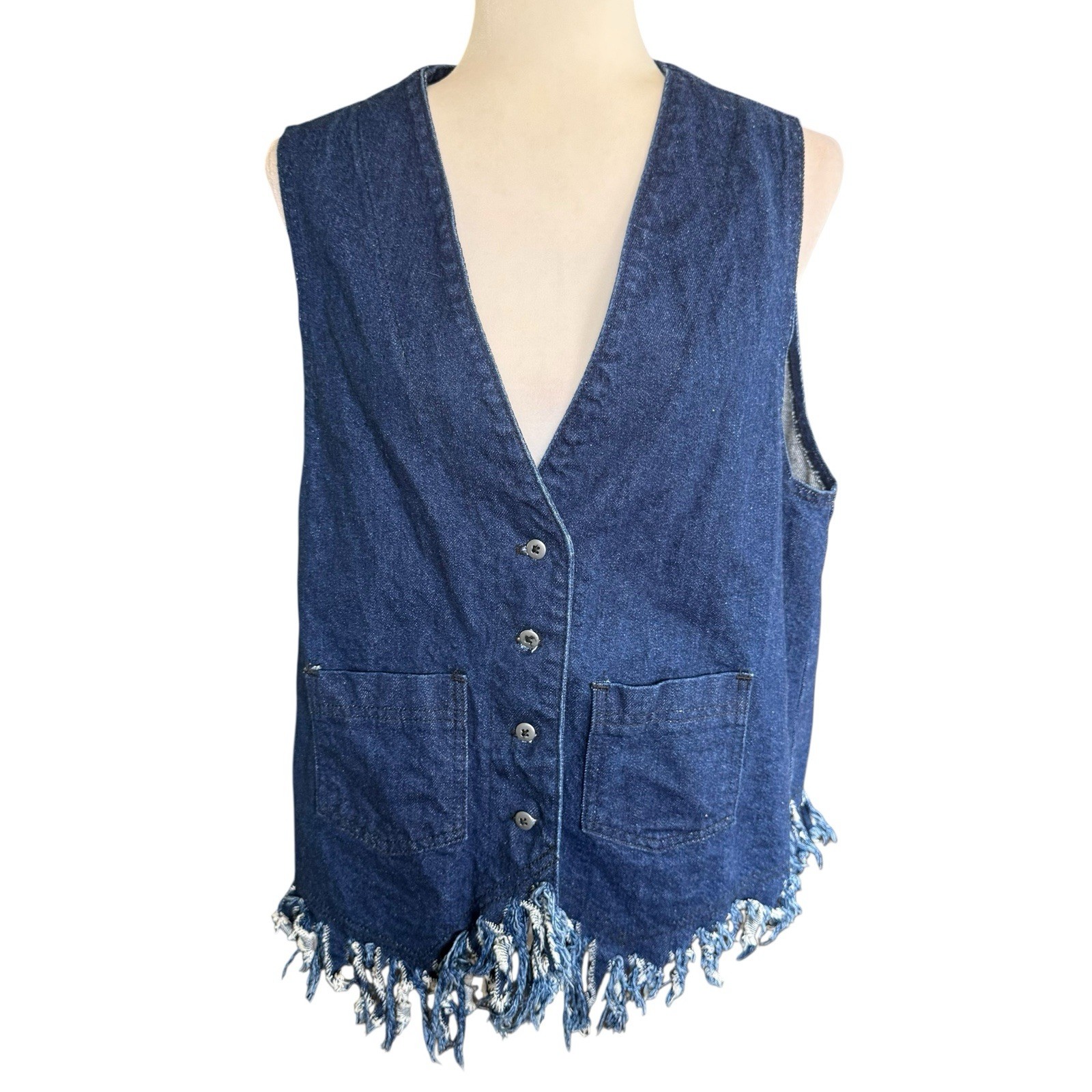 Vtg 80s Denim Vest Fringe L Made In USA Western Boho Festival Hippie Granolagirl