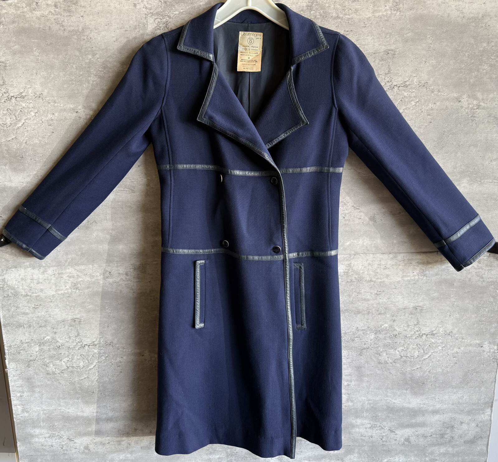 Vintage 1970s Courreges Paris Navy Blue Wool Blend Double-Breasted Coat Size 0