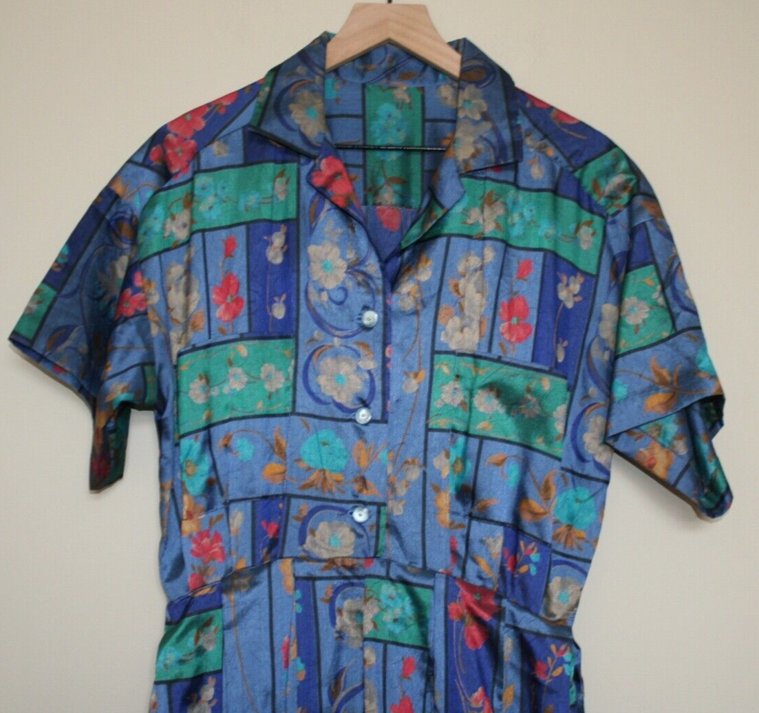 Vintage Dress Shirt 70s 80s Secretary Fit Flare Silky Print Medium 8 10 Grandma