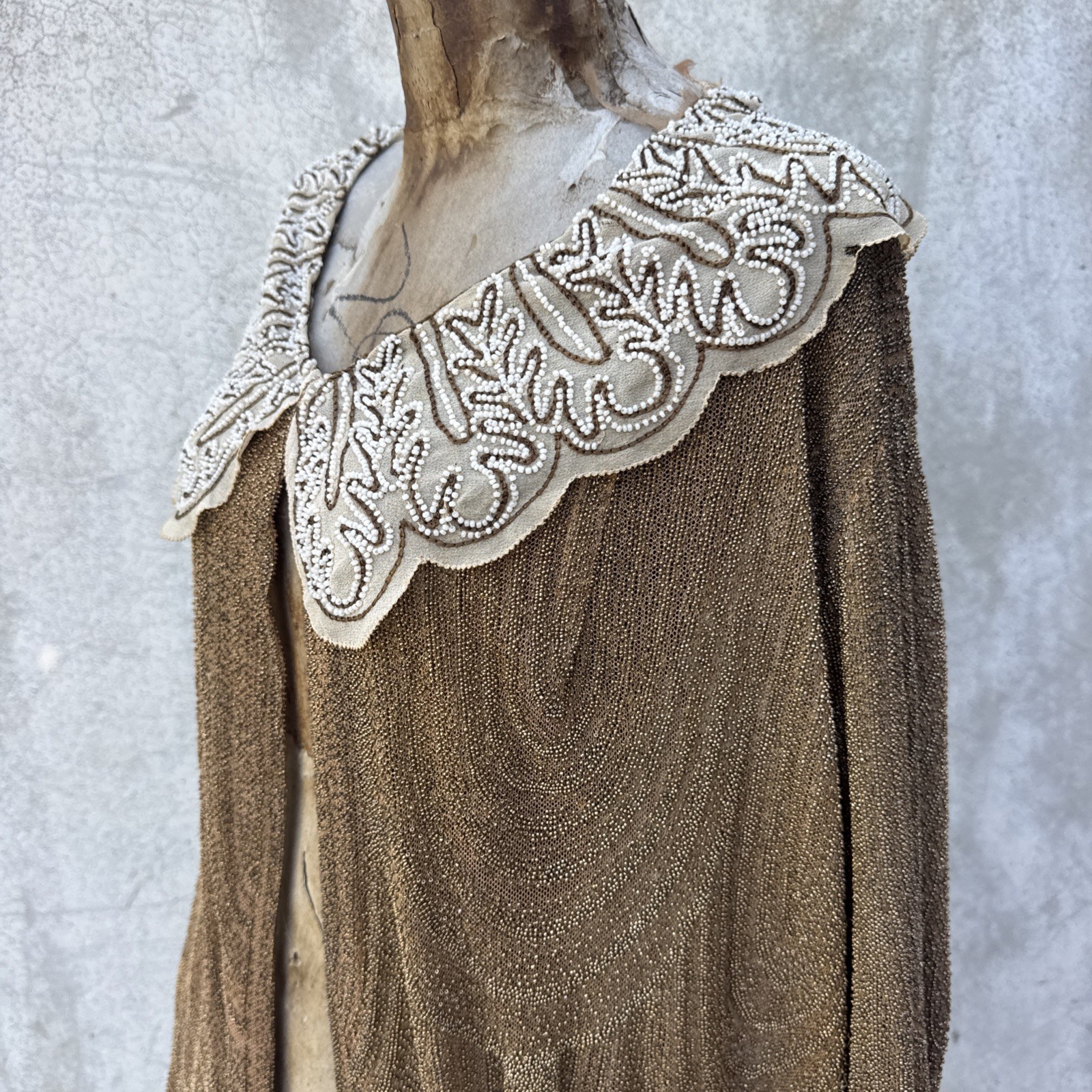 Antique 1920s Completely Beaded Gold Coat Scalloped Hem Art Deco Net Vintage
