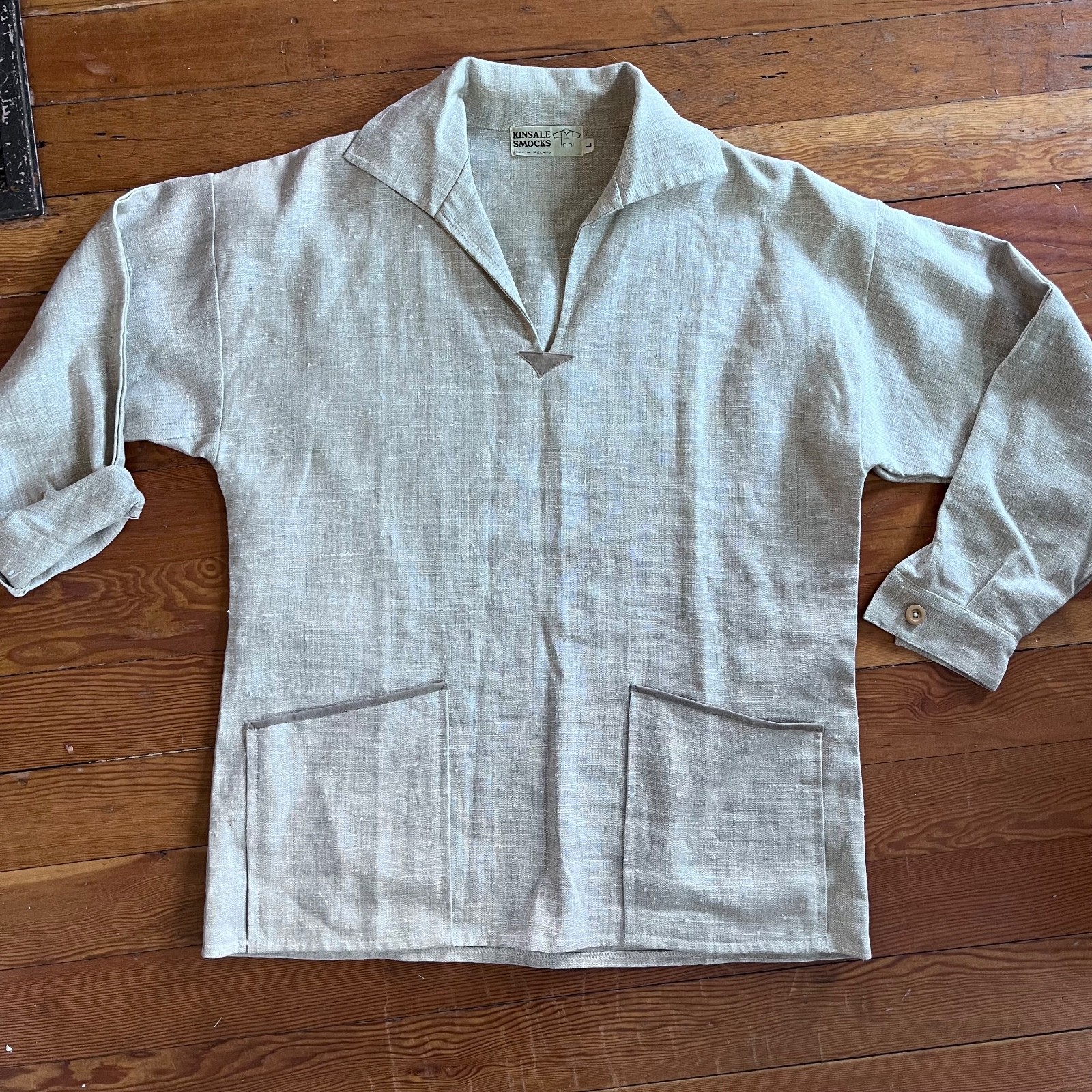 RARE Vintage 70s KINSALE SMOCK Moygashel 100$ Linen Fisherman Top Sz L