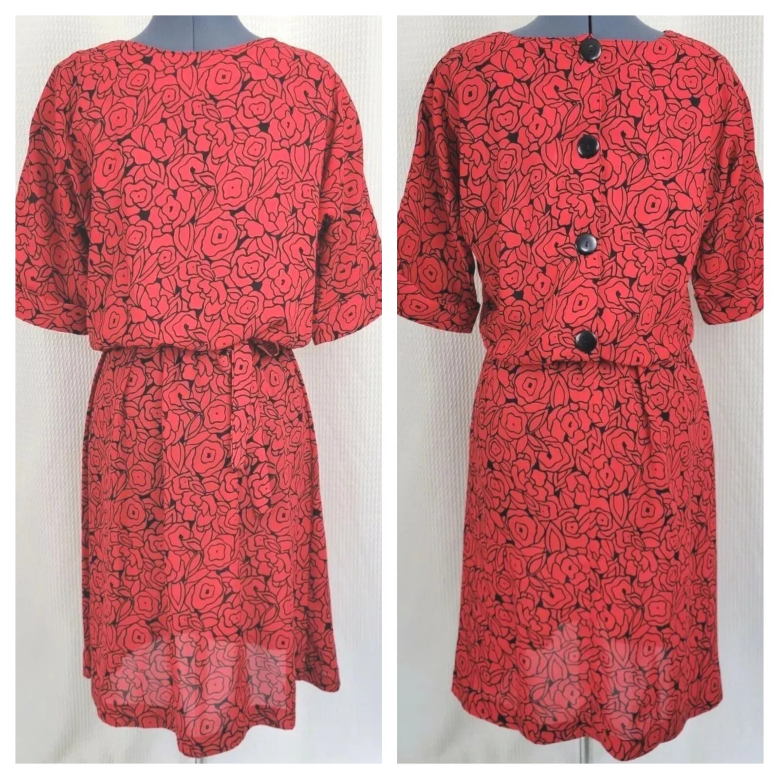 Vintage Miss Oops of CA Red Dress w Graphic Floral Outline Print in Black Sz 14