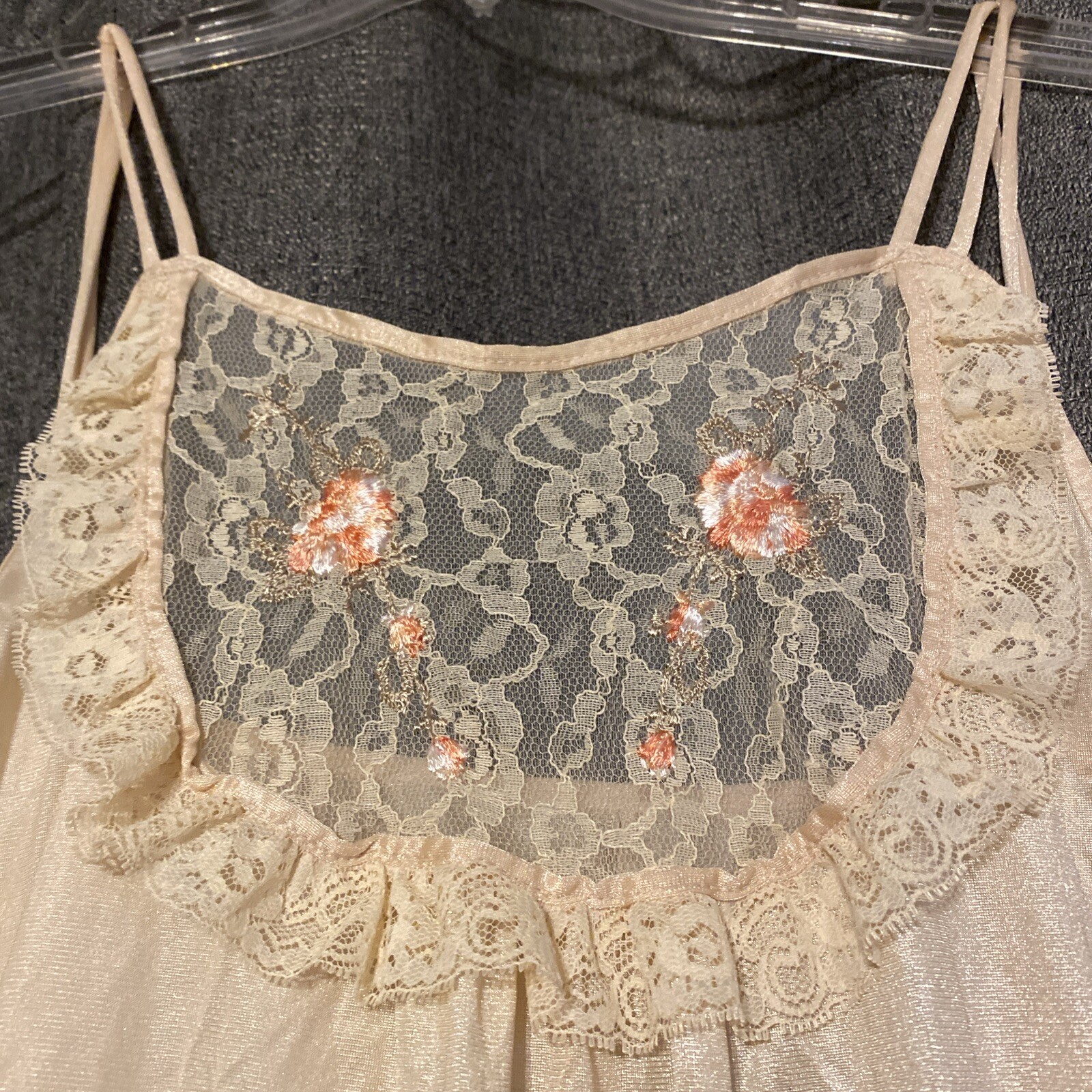 Vintage Mistra Nightgown long Beige Nylon Lace Bodice Size Medium Sexy