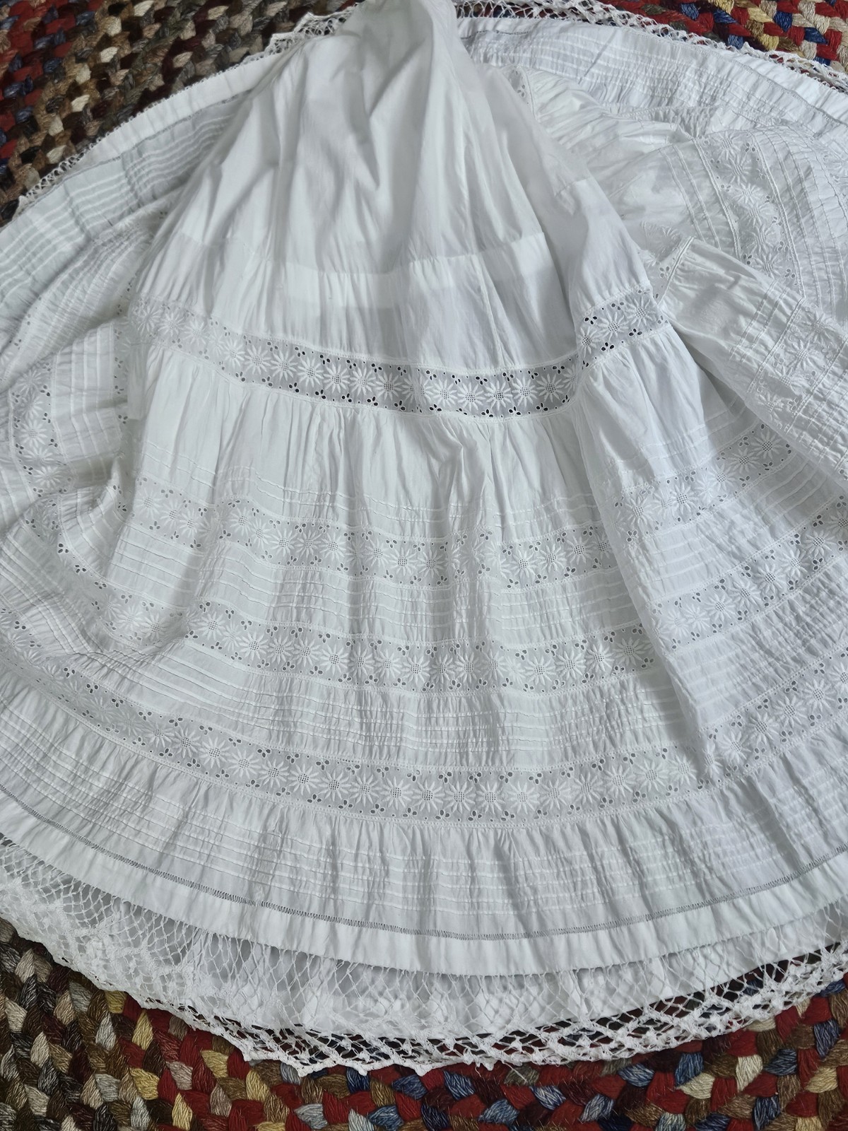 Antique Edwardian Victorian 1900s White Cotton Eyelet Lace Petticoat Altered