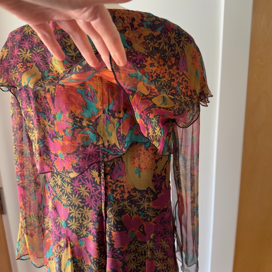 VTG Holly Harp 100% Silk Chiffon Tiered Ruffle Long Sleeve Floral Dress-Size Med