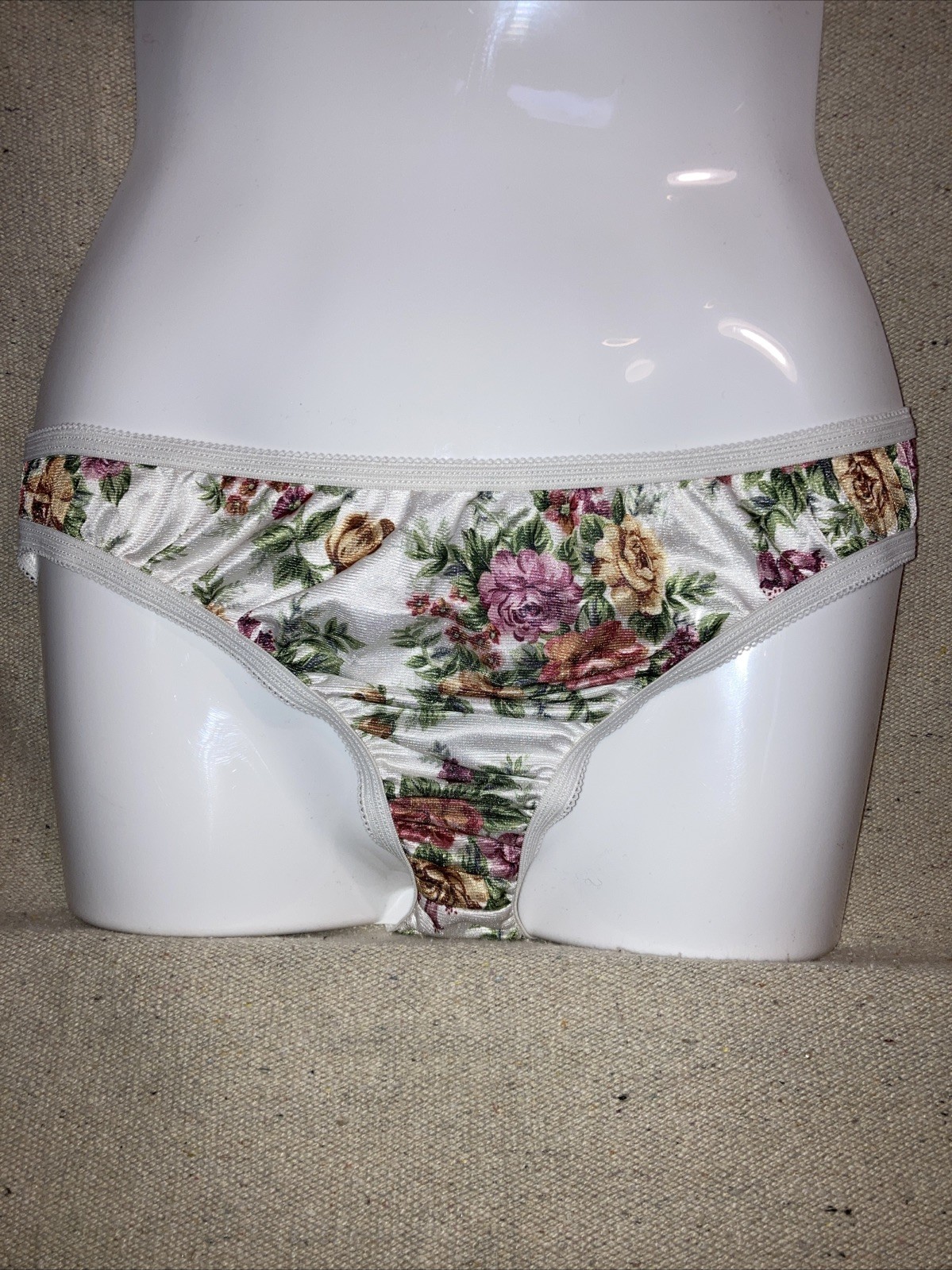 Vintage Petra Rose Garden Print Nylon Satin White Pink Green Panties
