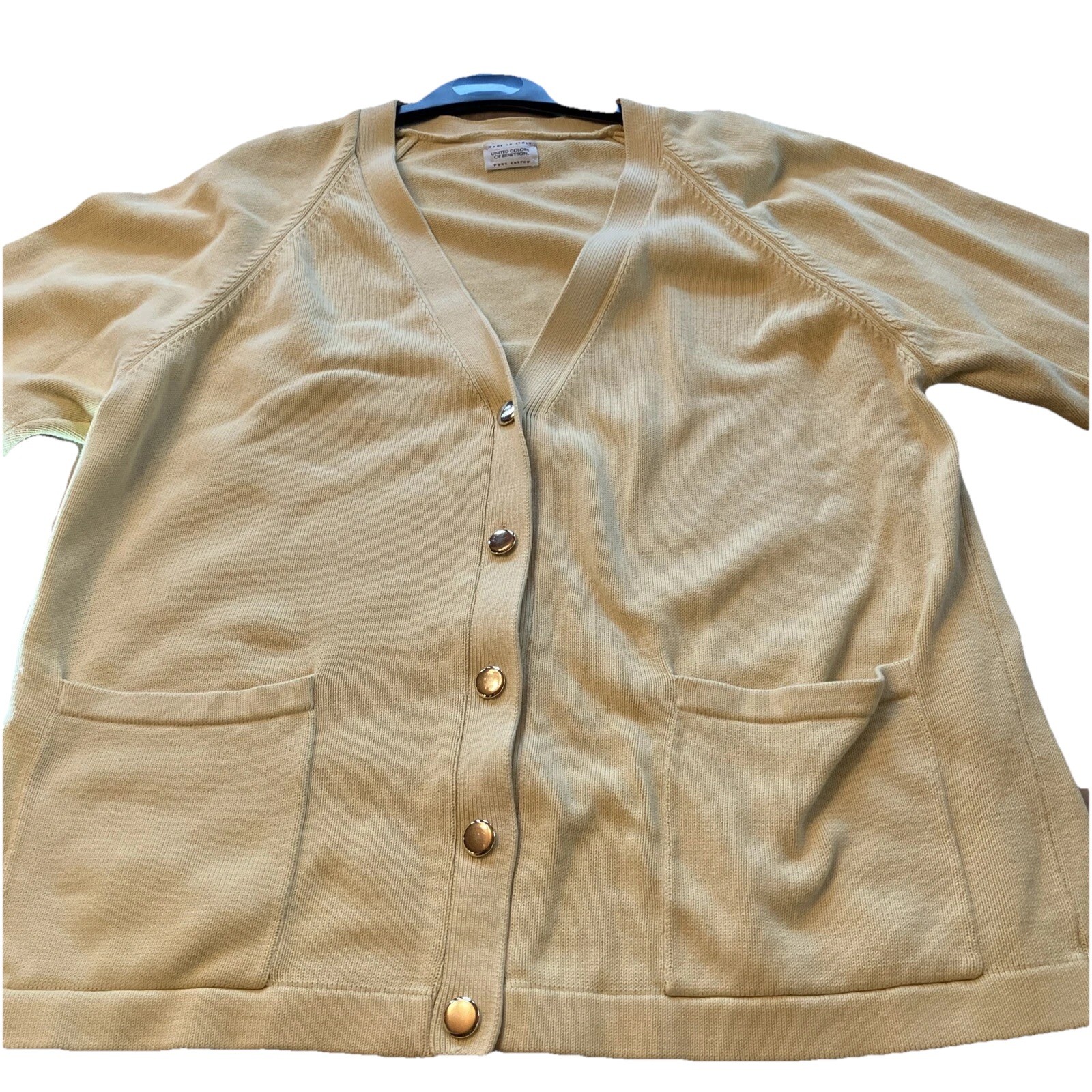 United Colors Of Benetton Pale Yellow Cardigan Women’s Size L Gold Buttons