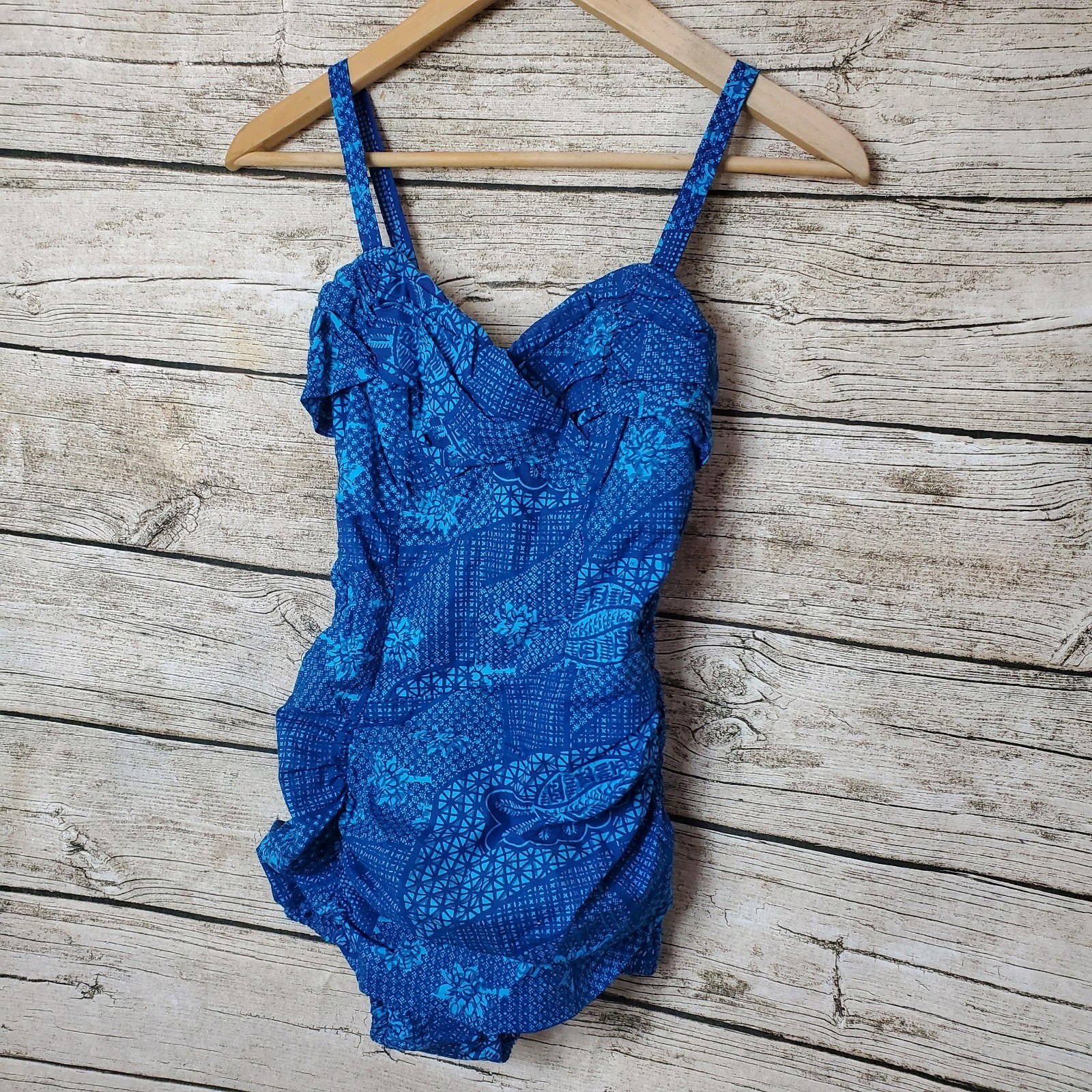 Swimsuit VTG Catalina 50s 60s Dazzling Royal Blue Batik Rouched Lined Sz 10/32