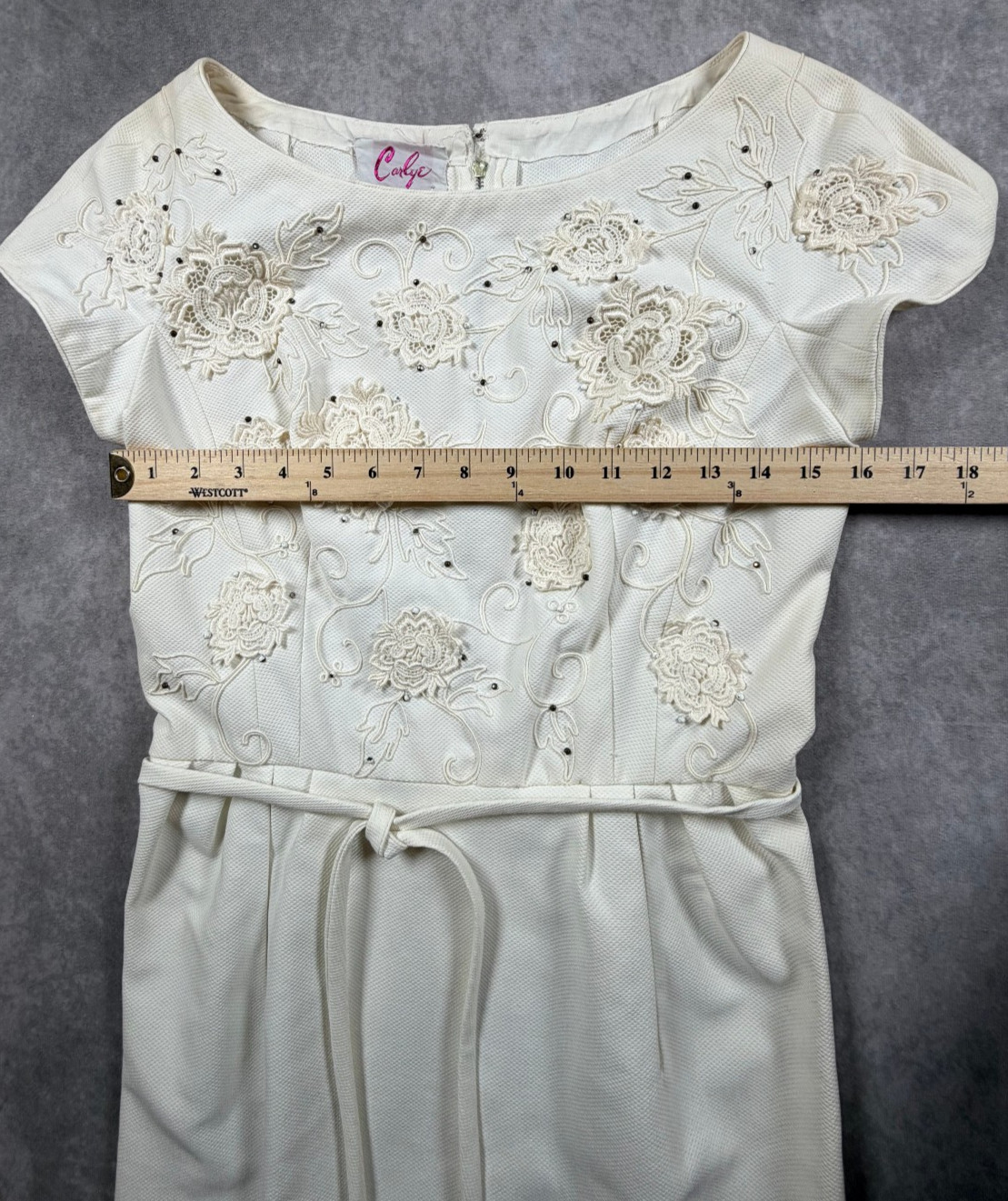 Carlye Vintage Womens Dress Ivory Floral Applique Cap Sleeve XS/S 50s 60s