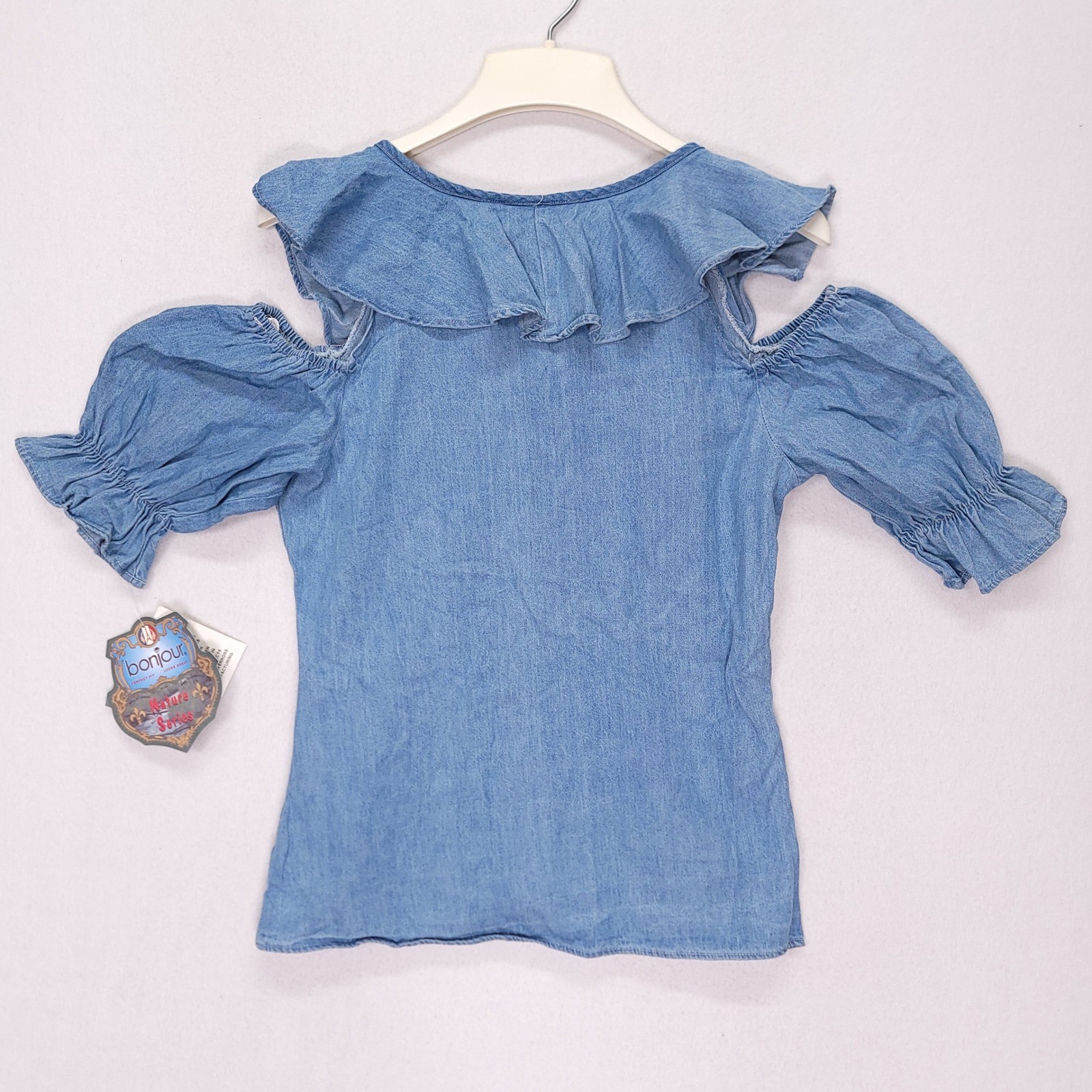 Vintage 90s Bonjour Denim Cold Shoulder Ruffle Top Blue Cotton Made in USA M