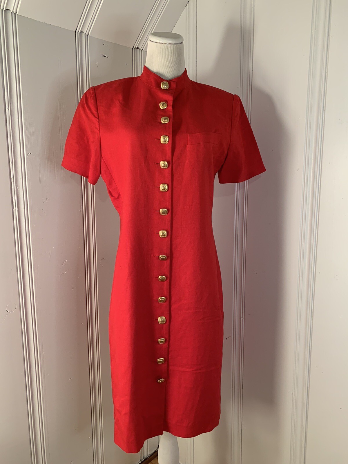 Vintage Cynthia How By Maggie Boutique Dress Size 8 Red Gold Button 55% Linen