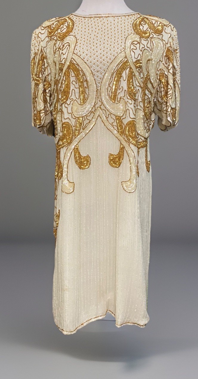 Vintage 1980s does 1920s Dress Flapper Style Heavily Beaded Silk Ivory Gold