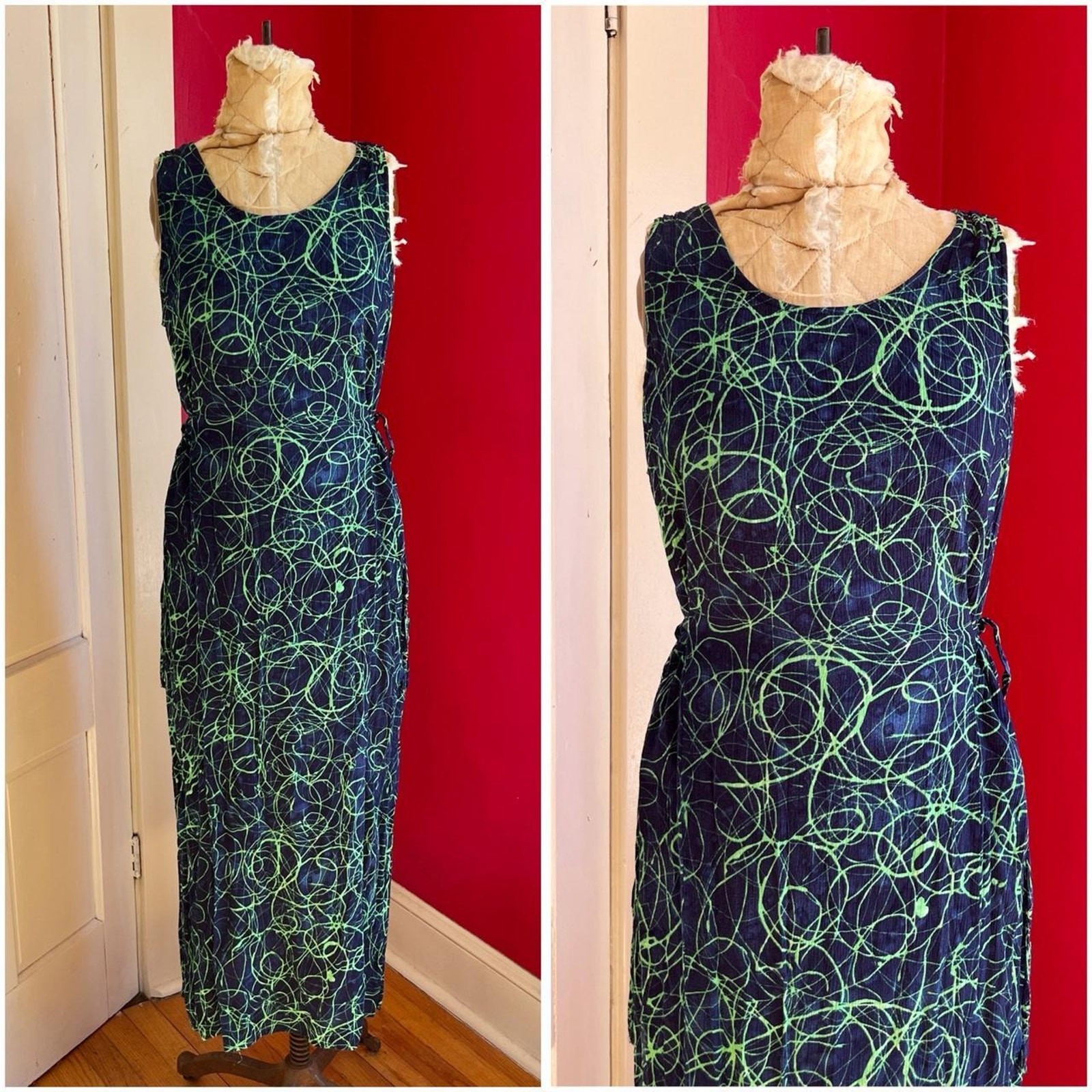 Vintage 1990s Navy Grunge Blue Dyed Green Scribble Print Rayon Slip Dress Size L