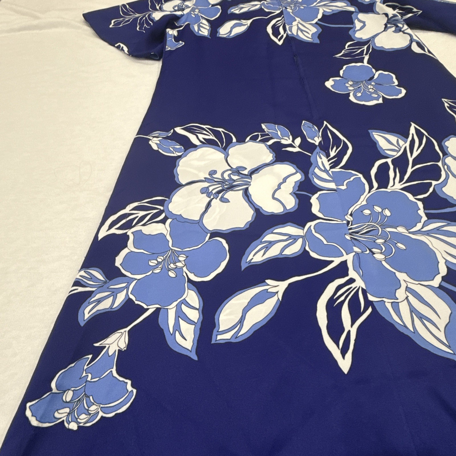Vintage Royal Palm Made in Hawaii Blue Orchid & White Womens Muumuu Dress M/L