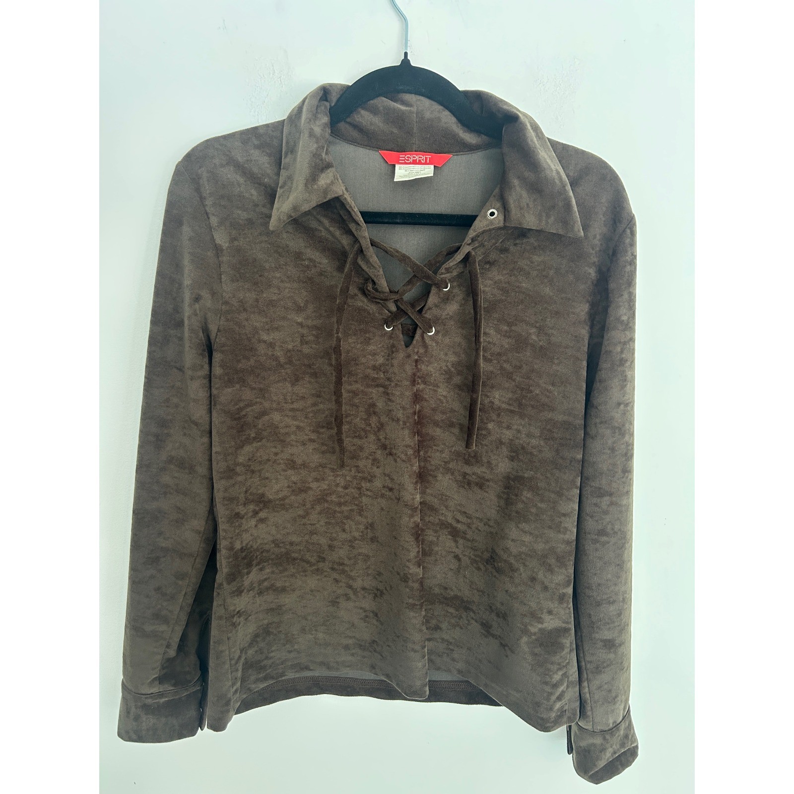 Vintage Esprit Brown Faux Suede Lace Up Long Sleeve Top Women Large 90s Retro