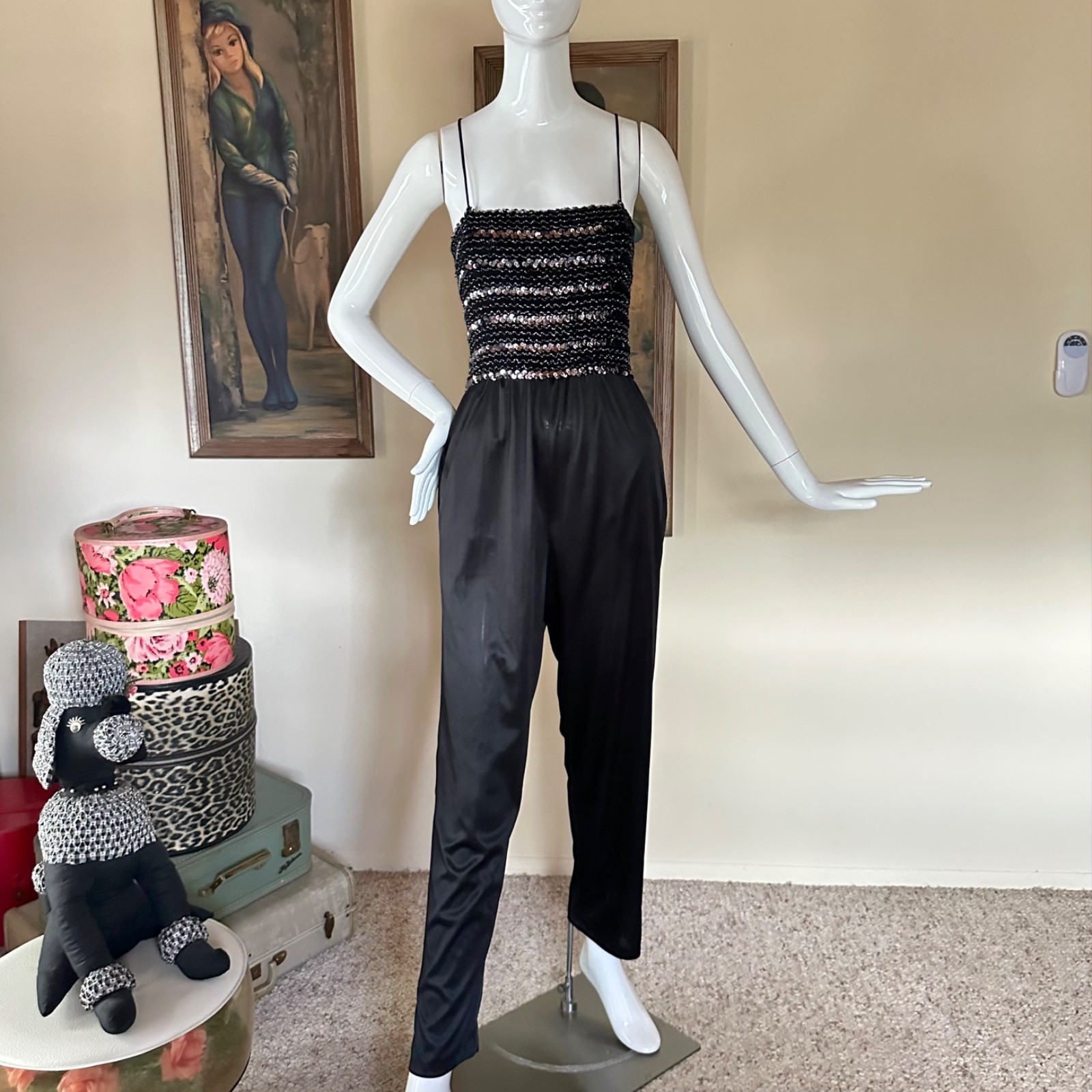 Vintage 70s Studio 54 Disco Mob Wife Tube Top Jumpsuit Black & Silver Lurex M/L