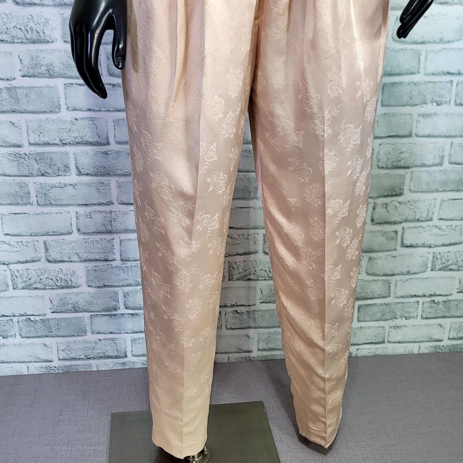 Vintage 80s 90s Blush Satin Brocade Pants High Waist Pleated Tapered Trousers