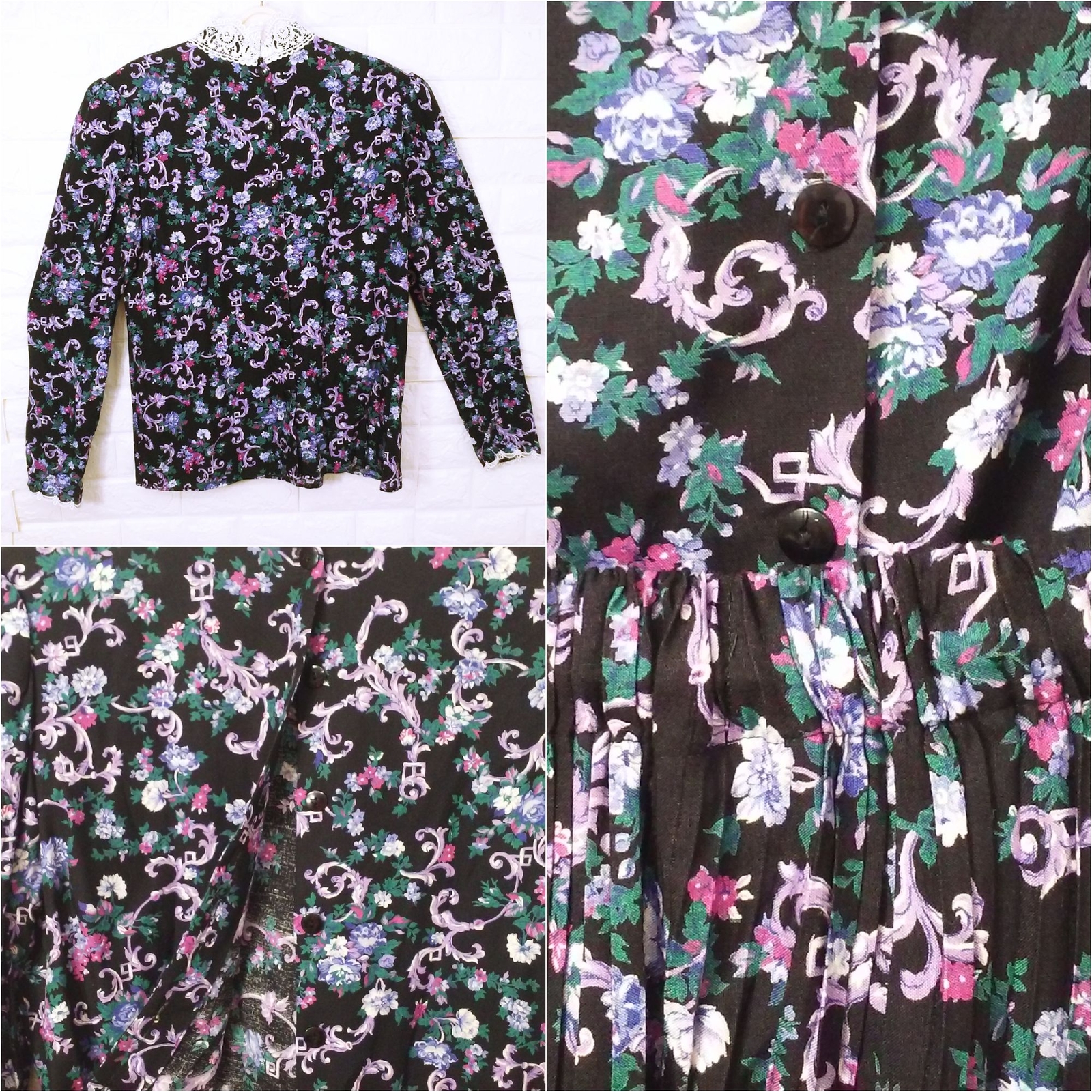 Vintage ’87 Scott McClintock 2-pc Set Victorian Lace Blouse Skirt Dark Floral