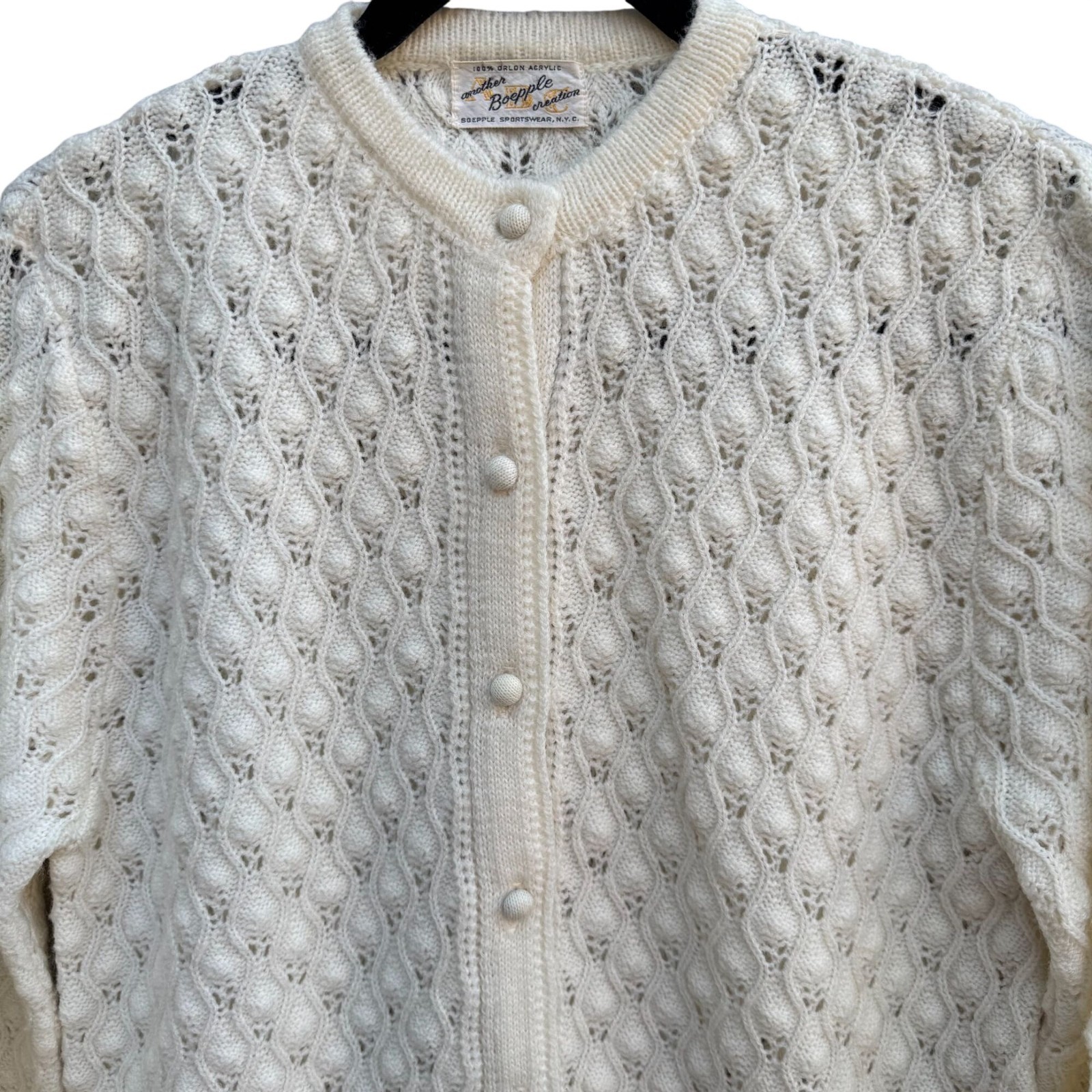 Boepple Sportswear NYC Vintage 60s 70s White Cable Knit Granny Cardigan Sweater