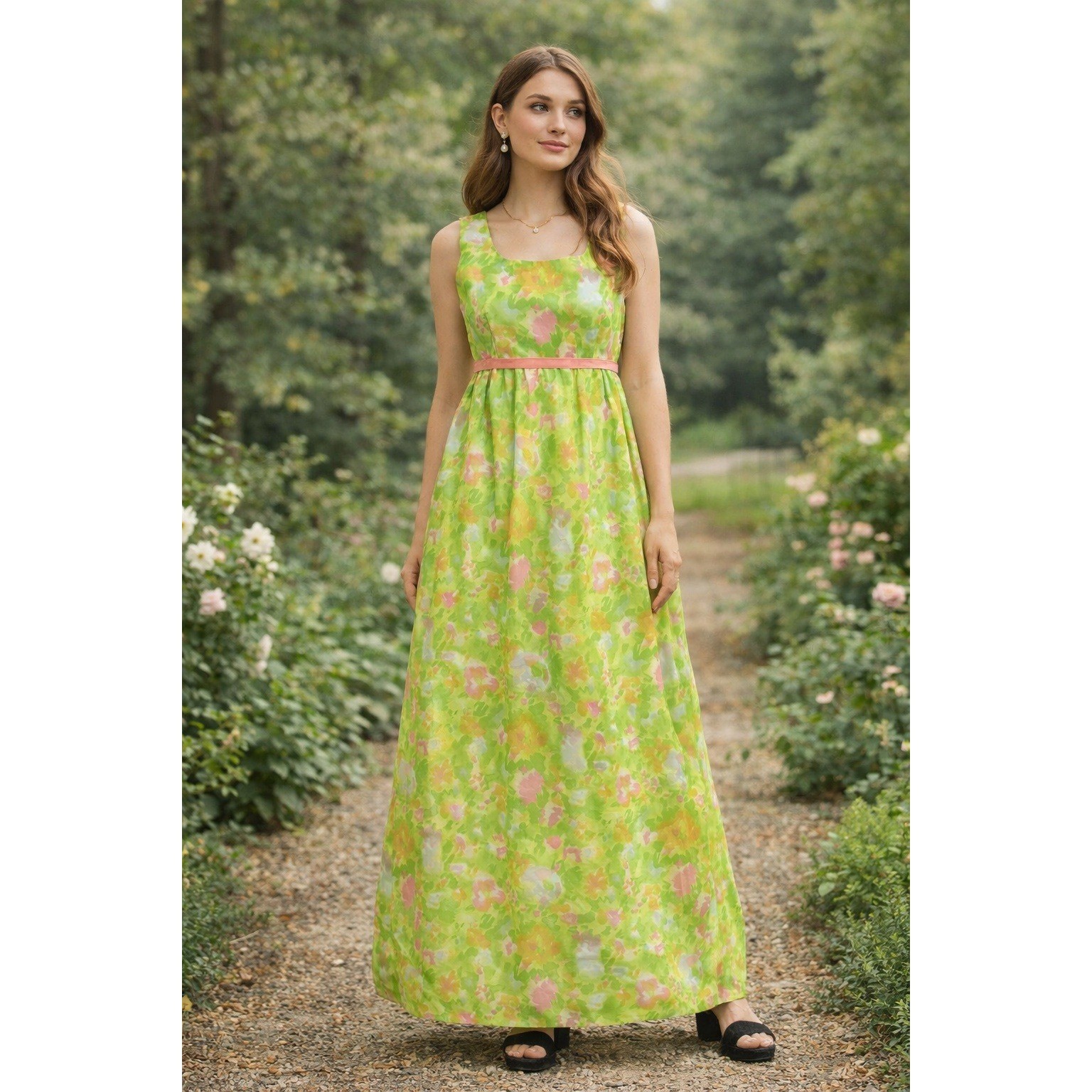 Vintage Green Floral Empire Waist Maxi Dress Mod 60s Pastel Cottagecore Fairy