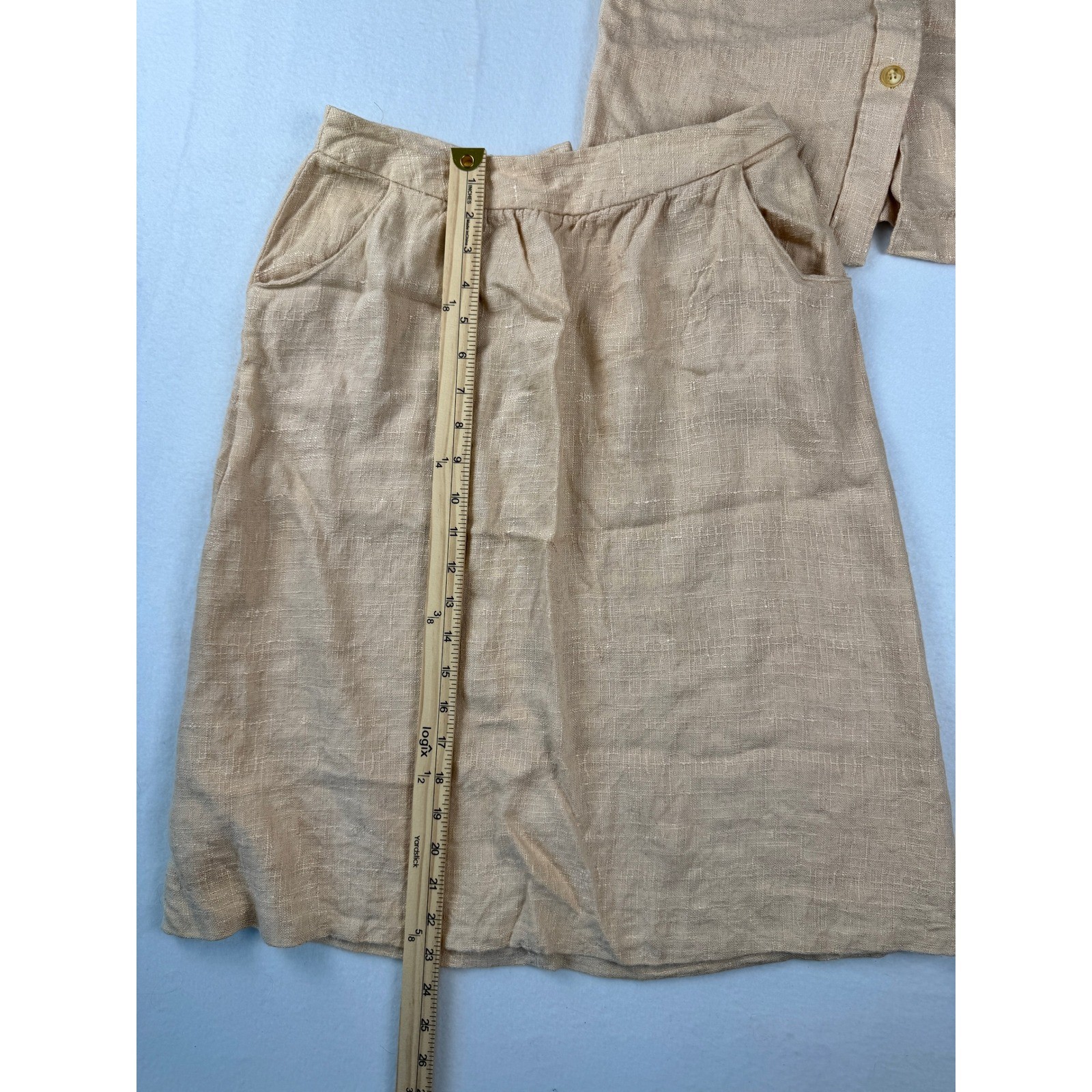 Vintage 70’s Linen Blend Neutral Two Piece Skirt Set Tan Short Sleeve Top Midi