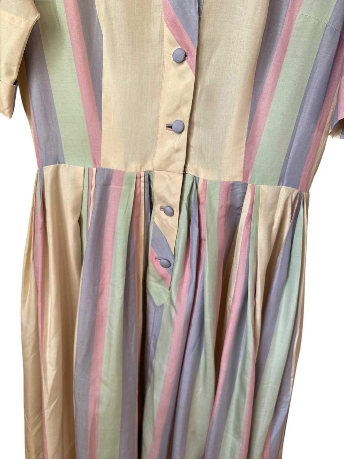 Vtg Miss Serbin Pastel Stripe Shirt Dress Pockets Size 16 Pink Purple Green 28”
