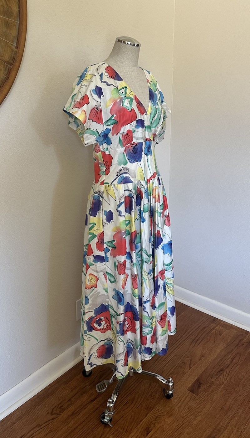 Vintage 90s Kenar 2 Floral Tea Dress Polished Cotton Woman’s M Pockets ￼
