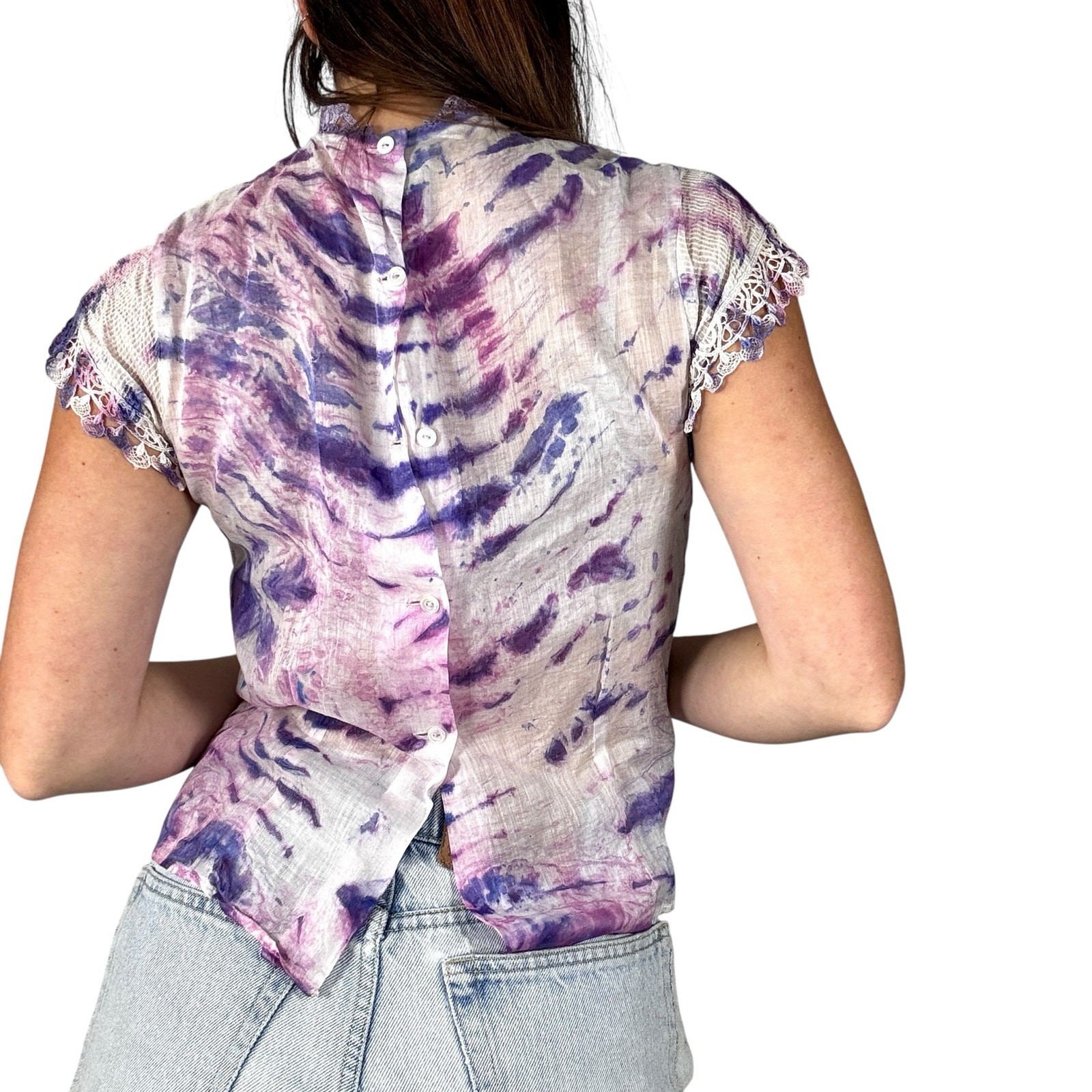 Antique 1940s Hand Dyed Shibori Silk Cotton Blouse Lace Micropleated Purple Blue