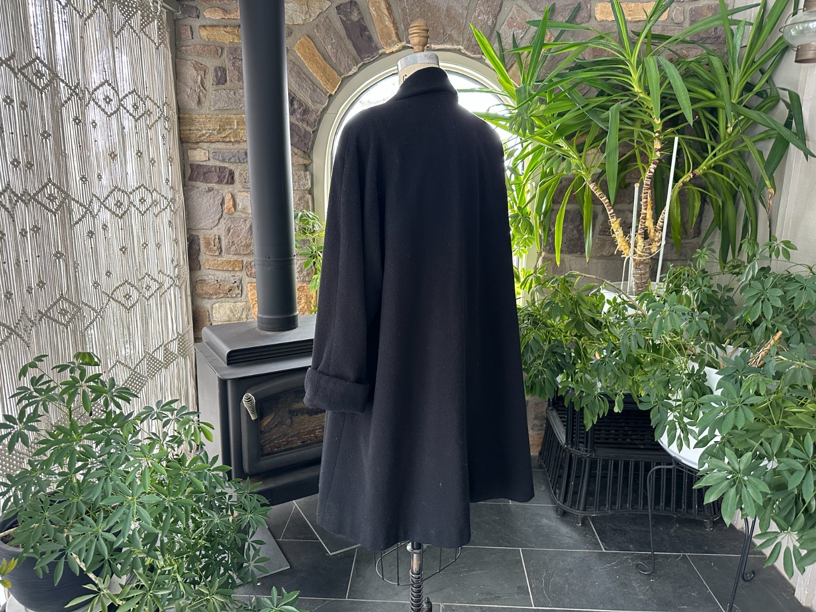 Vintage 1980s Black Wool Blend Open Front Swing Coat Herman Kay