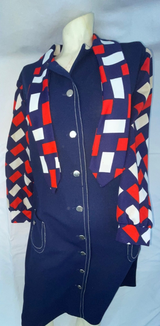 VTG 60S 70S WOMENS M BLUE RED WHITE DISCO MOD RETRO GOGO LONG SLEEVE SCARF DRESS