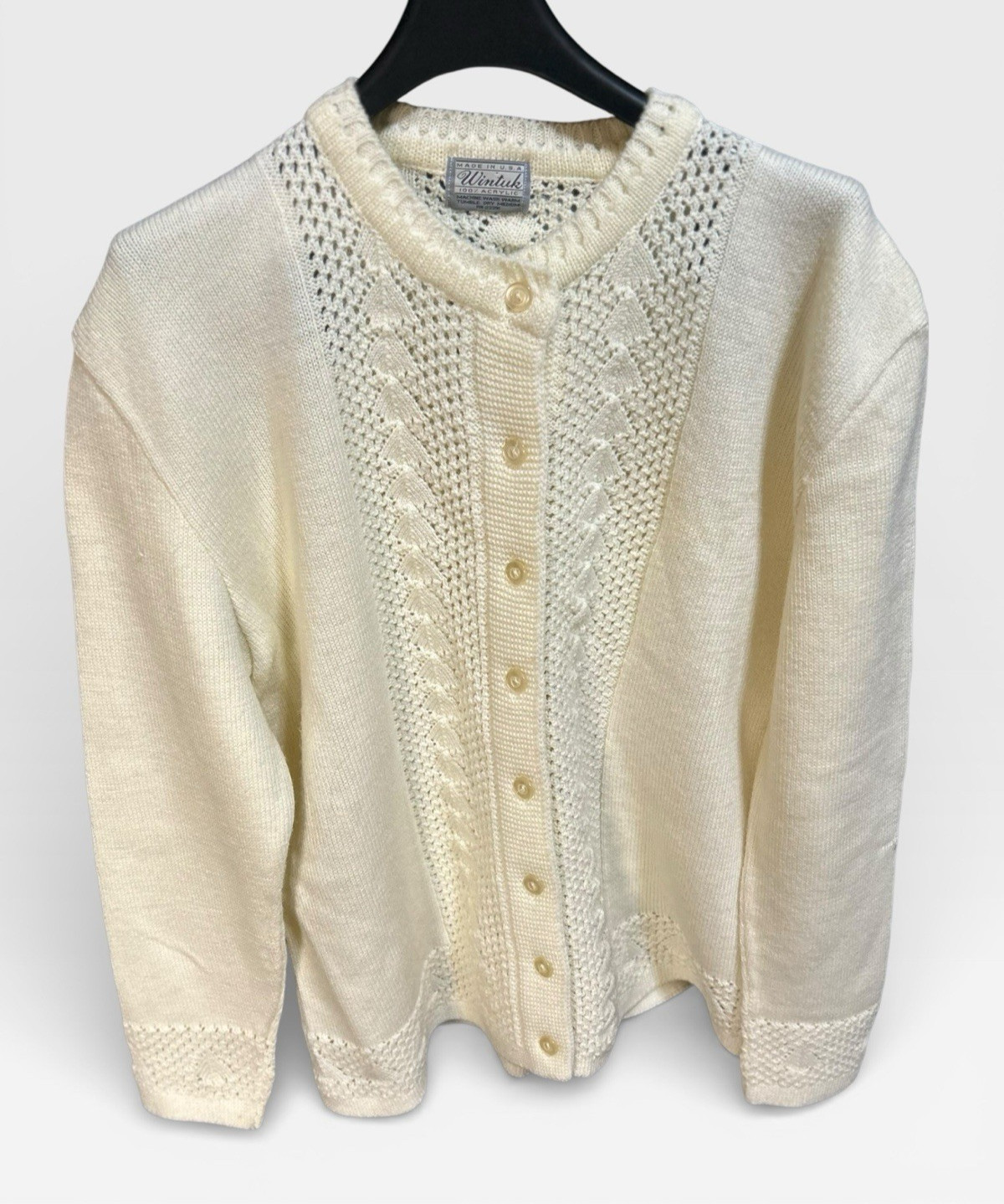Vintage 70s Womens Medium Ivory Acrylic Knit Cardigan Grandma Core EUC!